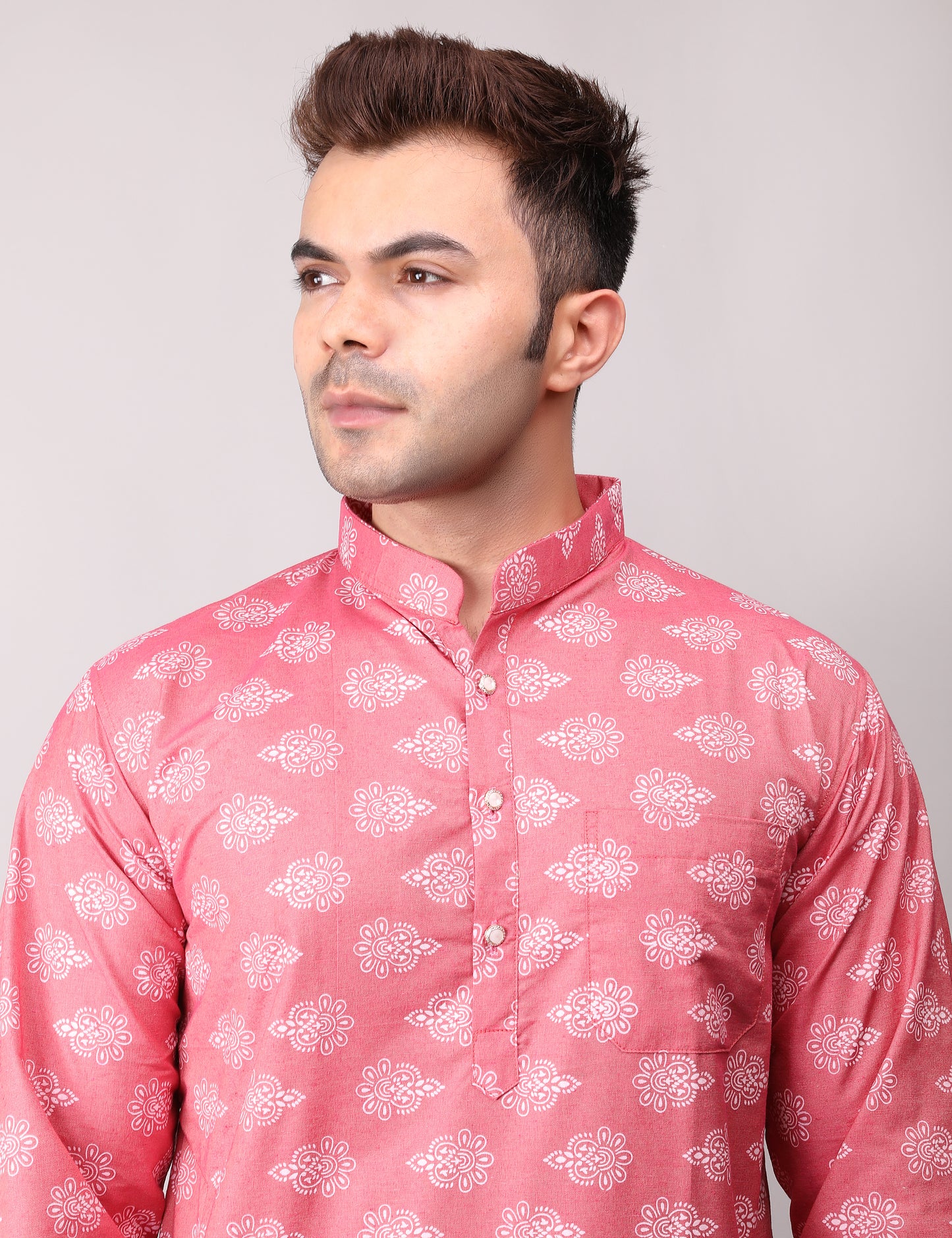Men's Pink Cotton Printed Kurta Pajama Set