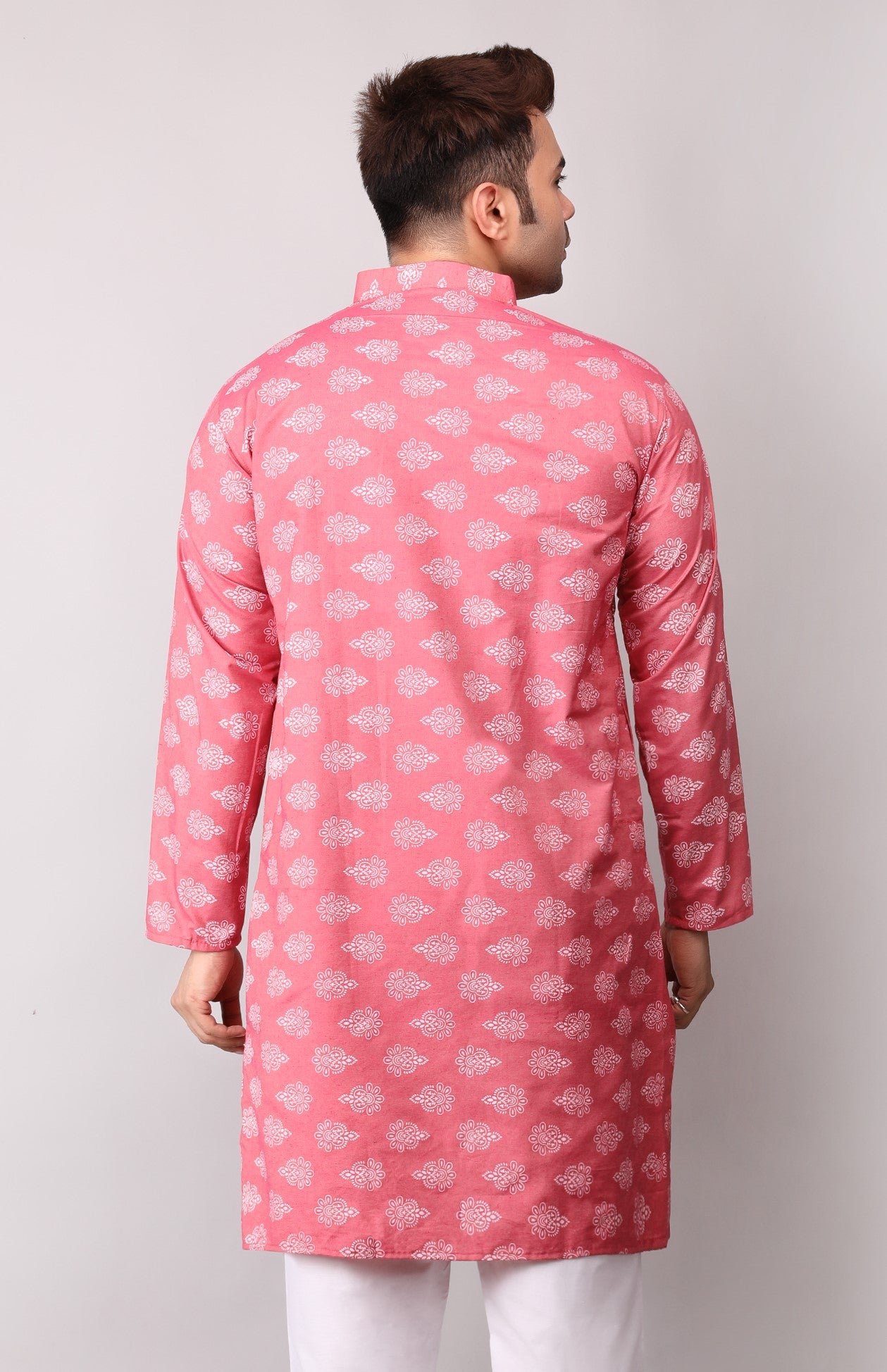 Men's Pink Printed Cotton Kurta