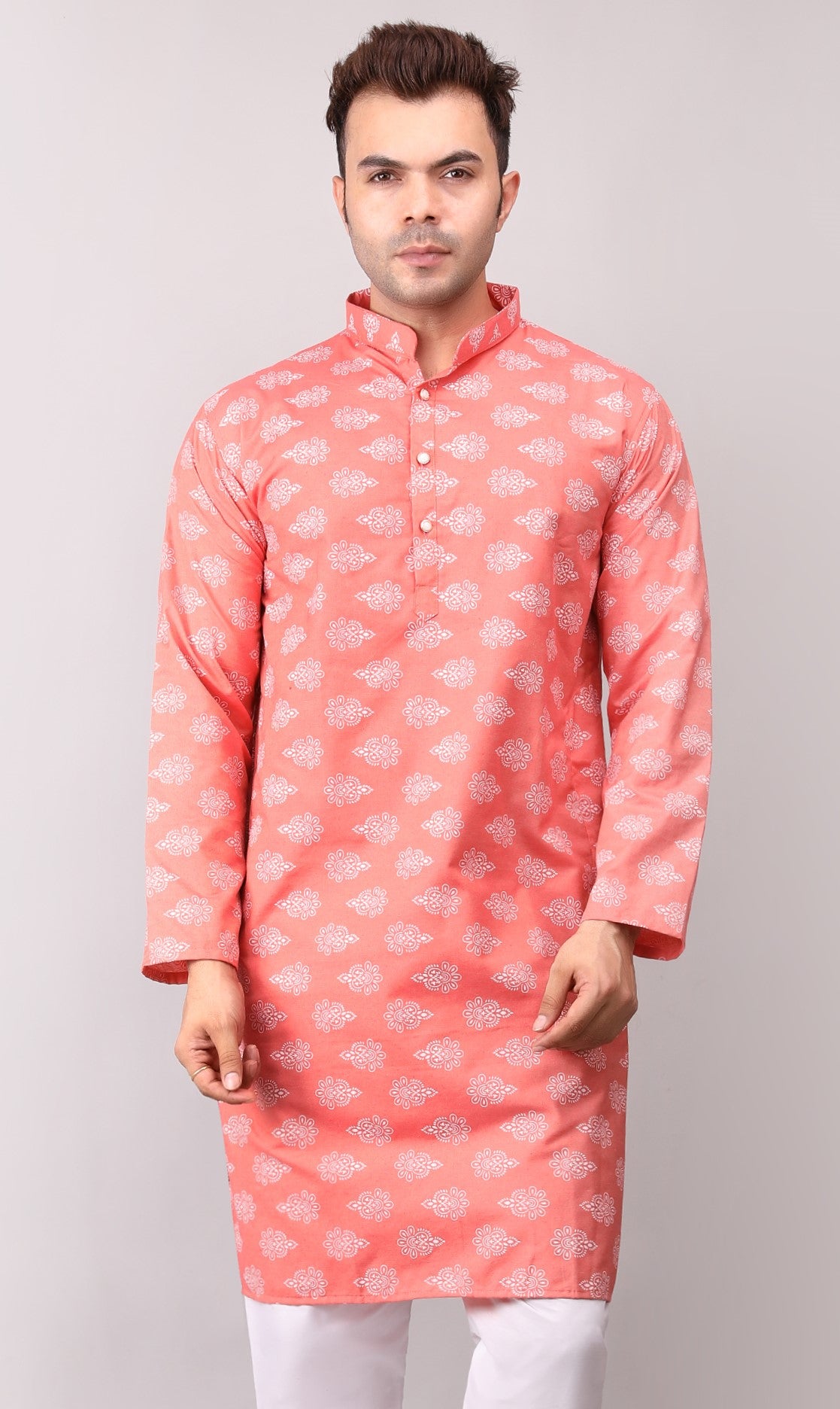 Men's Peach Printed Cotton Kurta