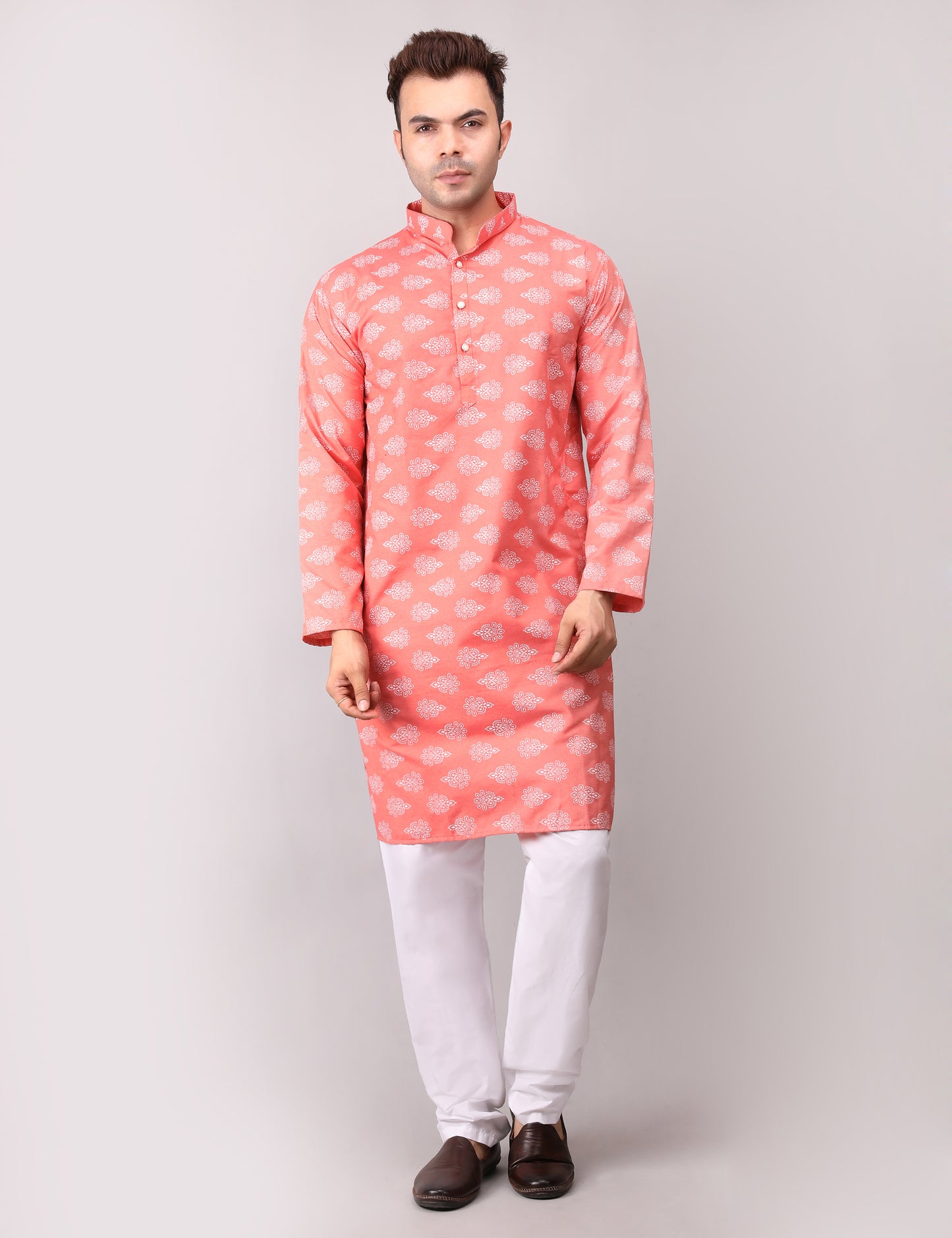 Men's Peach Cotton Printed Kurta Pajama Set