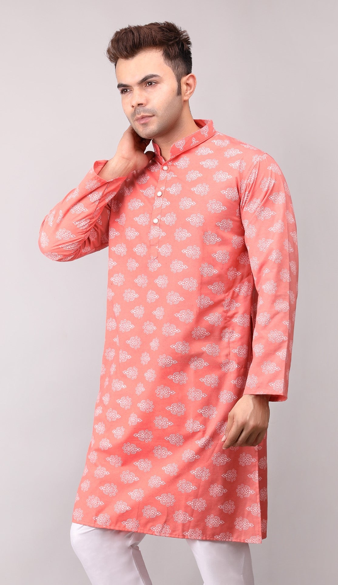 Men's Peach Printed Cotton Kurta