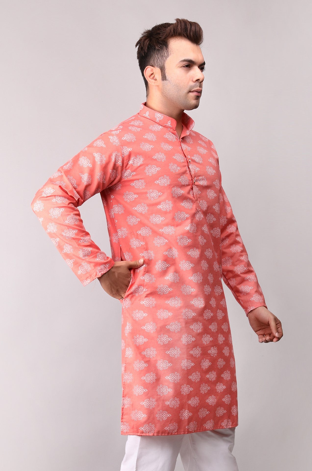 Men's Peach Printed Cotton Kurta