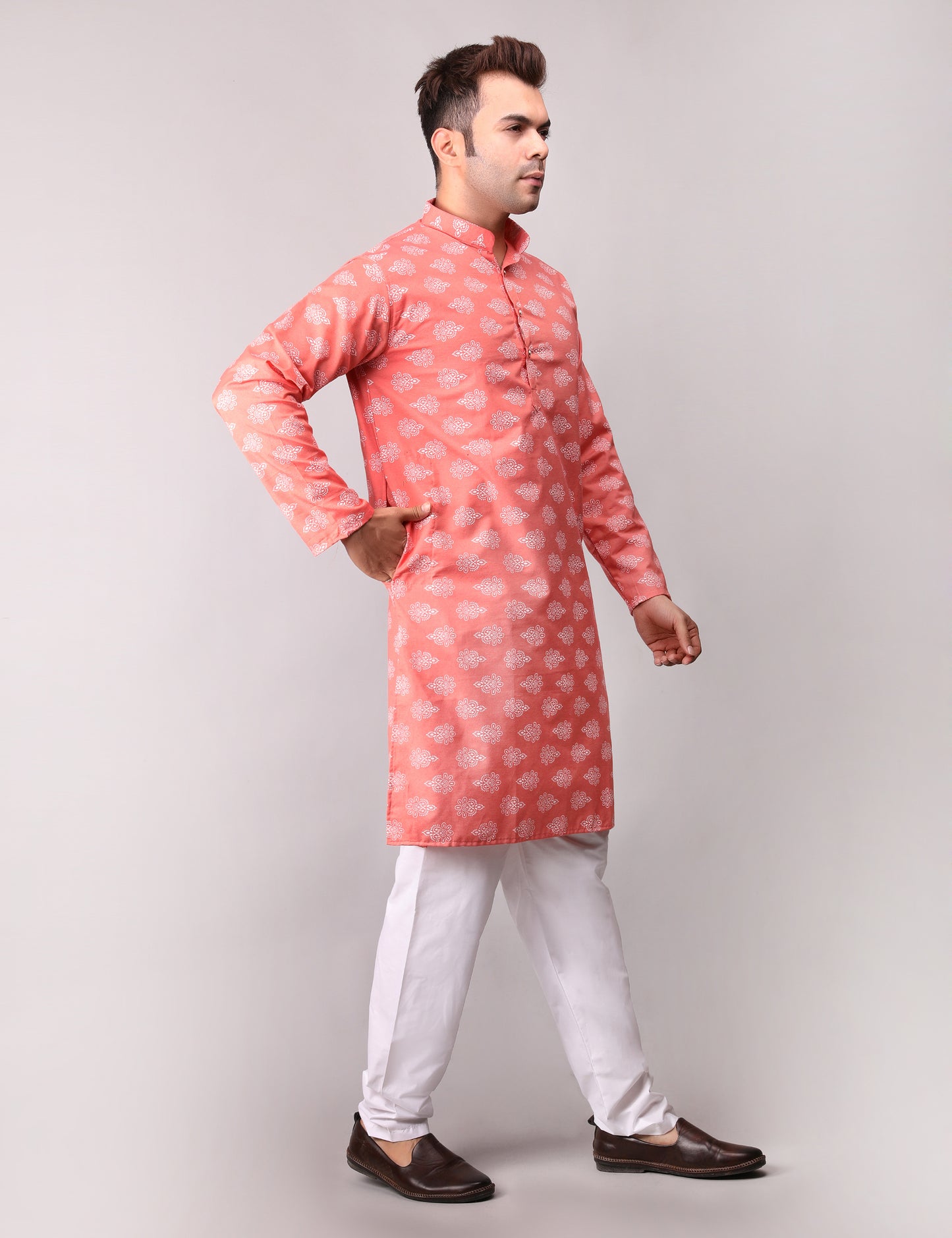 Men's Peach Cotton Printed Kurta Pajama Set