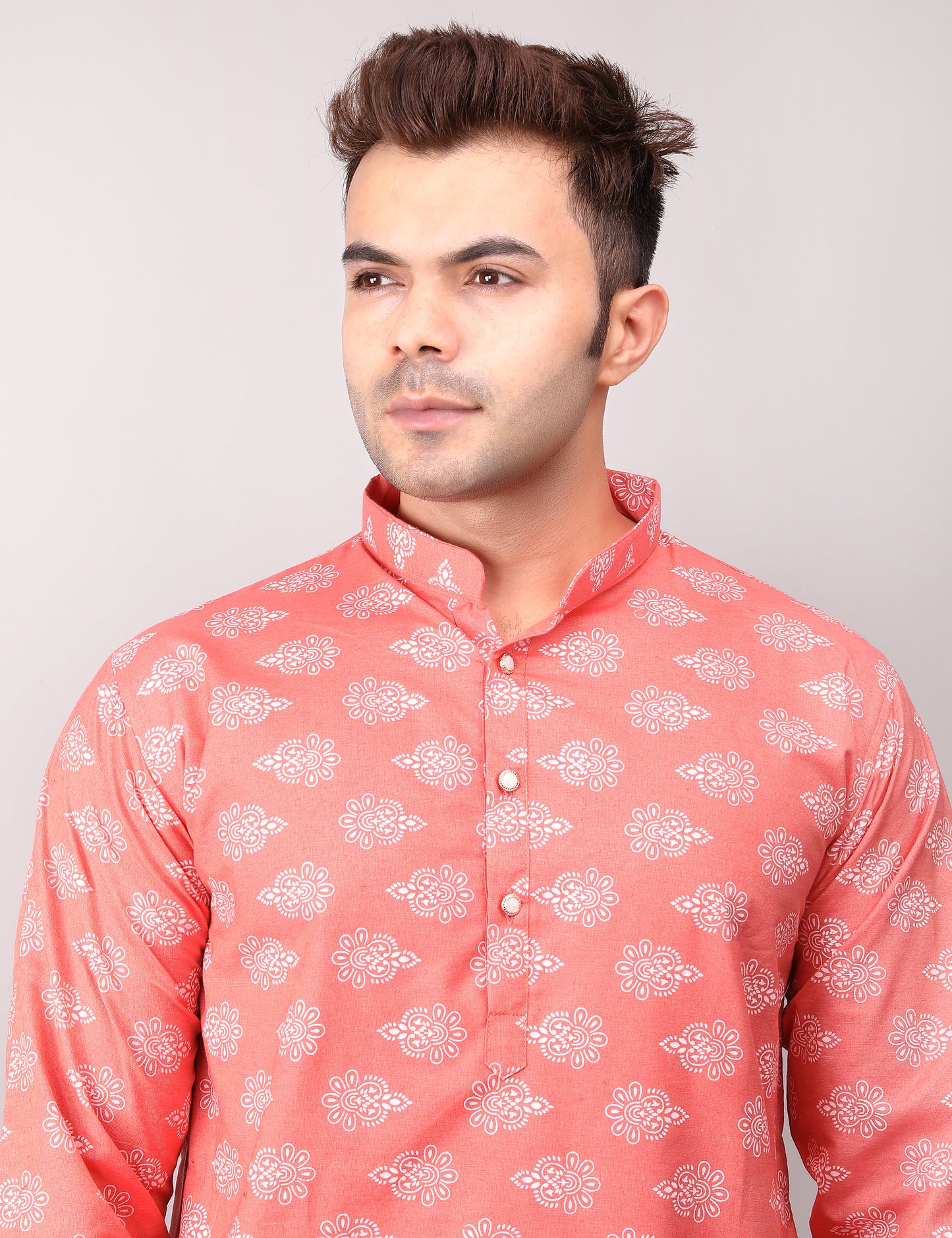 Men's Peach Cotton Printed Kurta Pajama Set