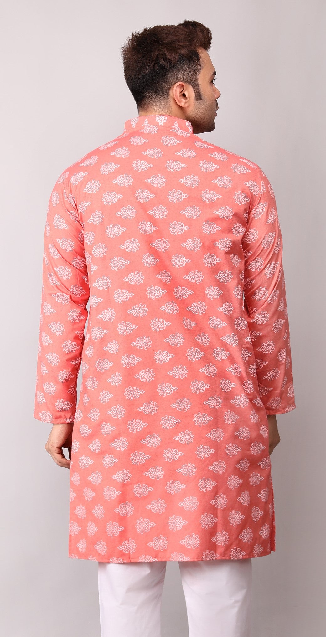 Men's Peach Printed Cotton Kurta
