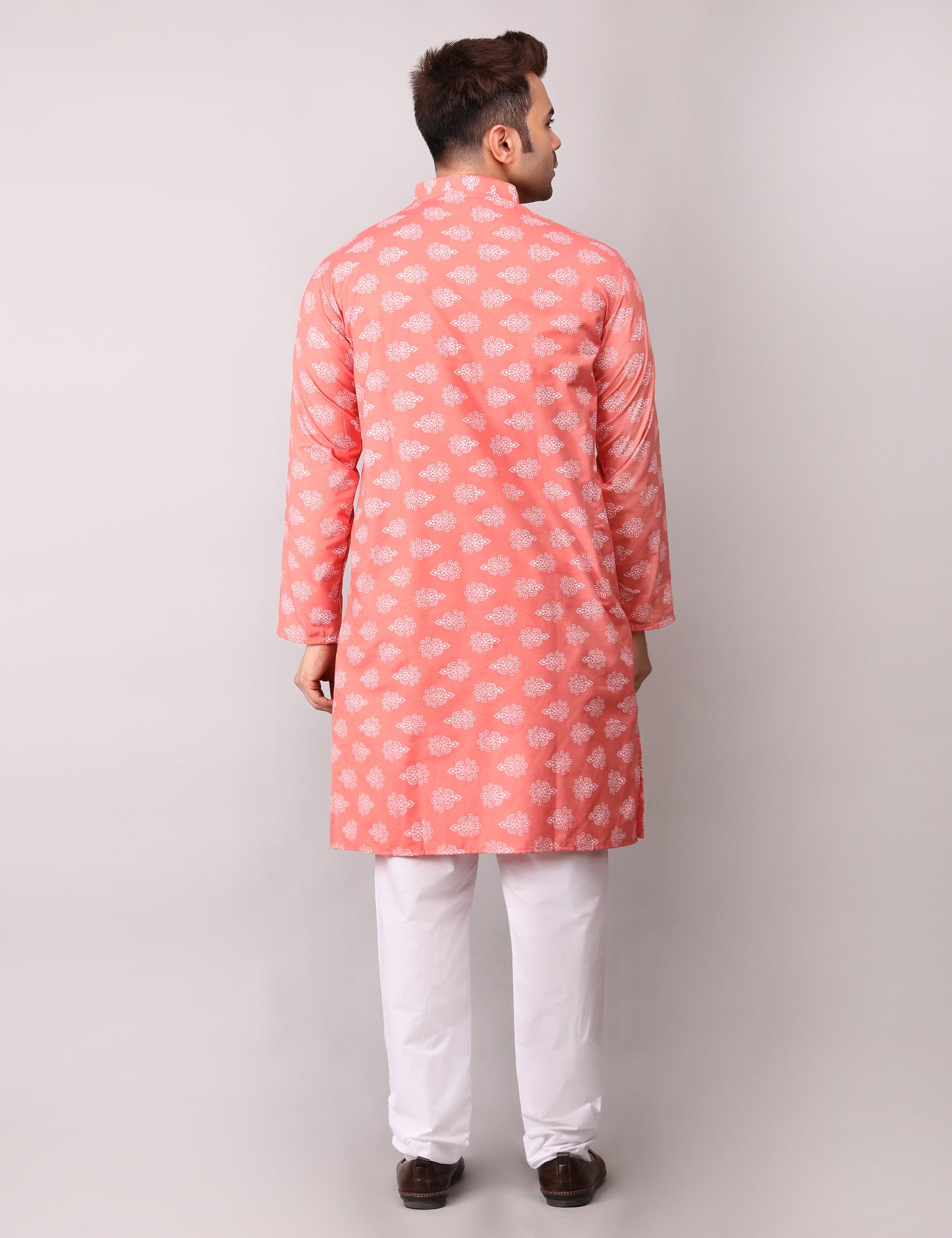 Men's Peach Cotton Printed Kurta Pajama Set
