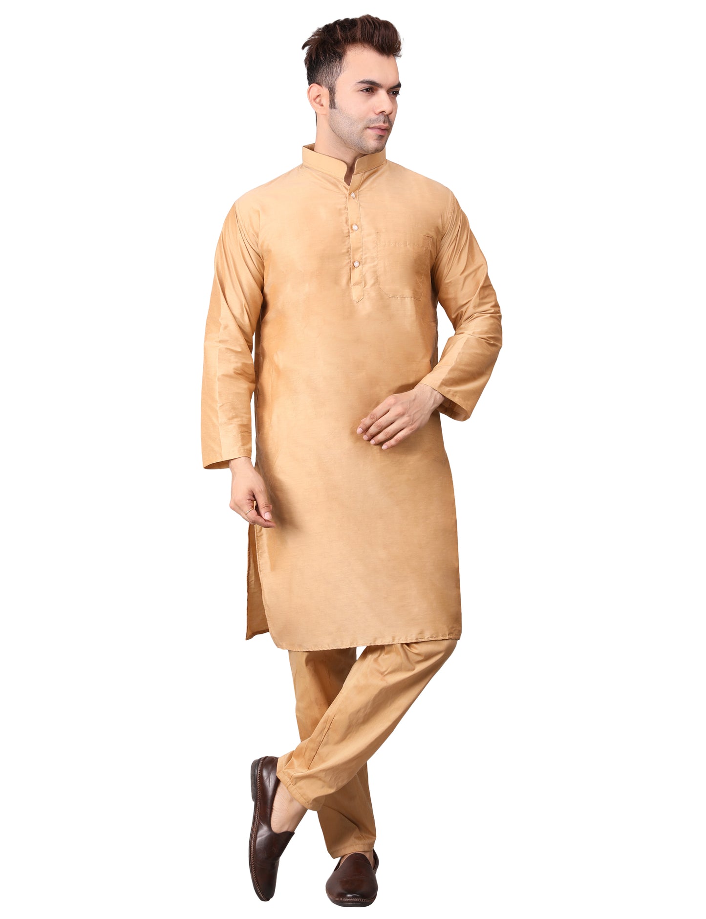 Men's Plain Beige Cotton Kurta Pajama Set