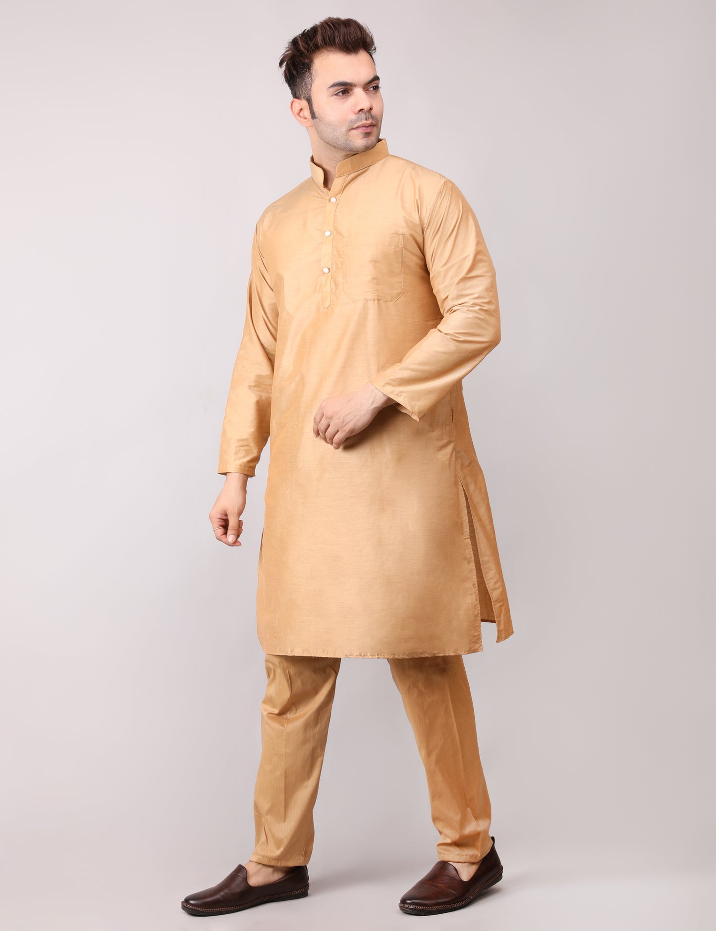 Men's Plain Beige Cotton Kurta Pajama Set