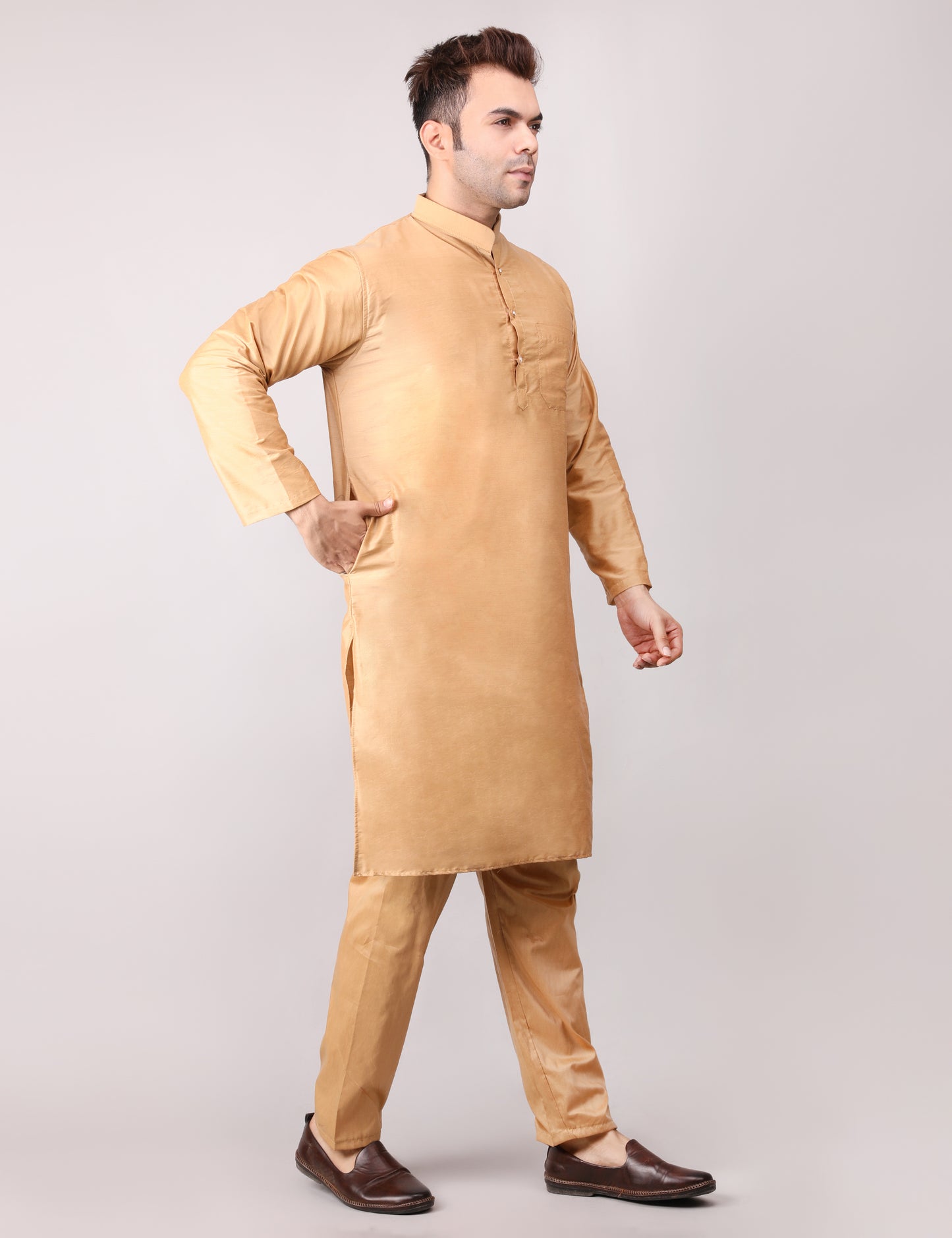 Men's Plain Beige Cotton Kurta Pajama Set