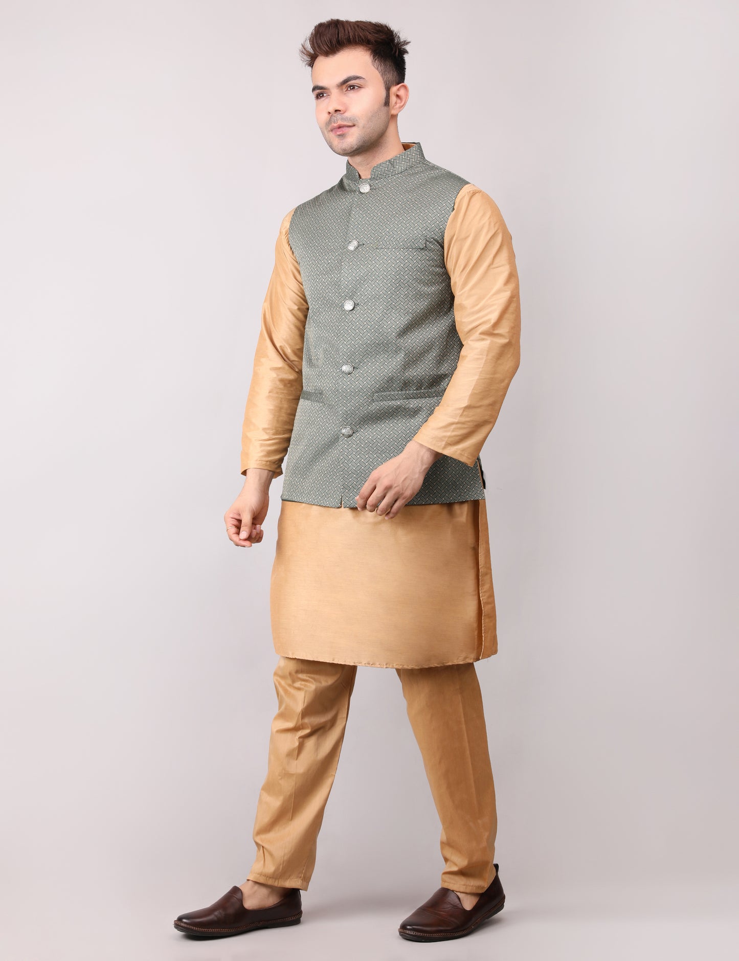 Men's Silk Blend Golden Kurta Pajama with Designer Bundi Nehru Jacket/Waistcoat Royal Green