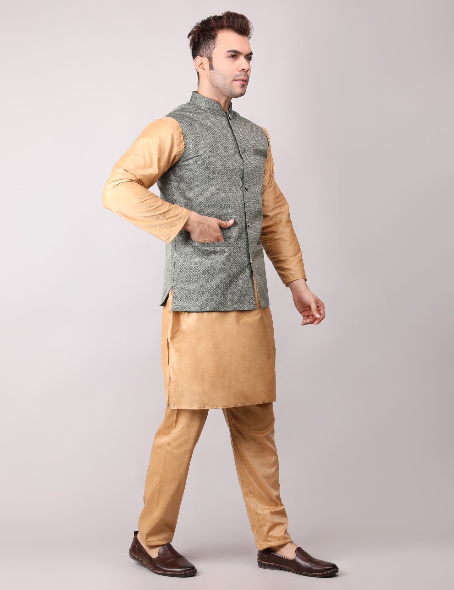 Men's Silk Blend Golden Kurta Pajama with Designer Bundi Nehru Jacket/Waistcoat Royal Green