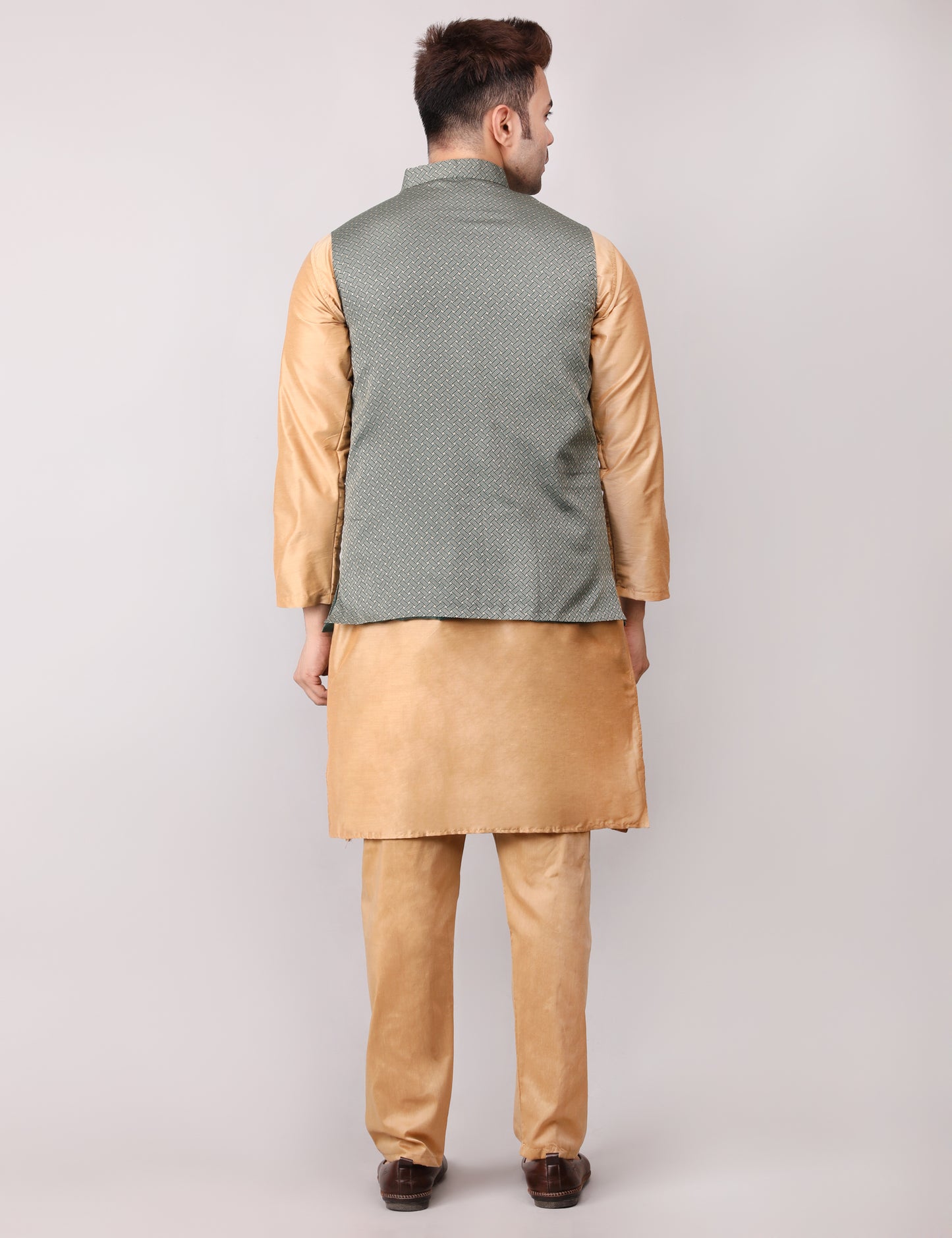 Men's Silk Blend Golden Kurta Pajama with Designer Bundi Nehru Jacket/Waistcoat Royal Green