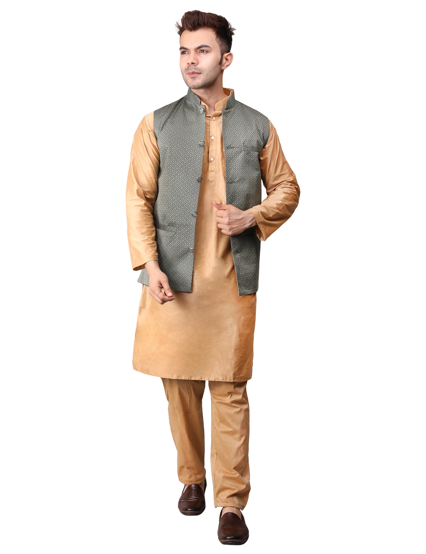 Men's Silk Blend Golden Kurta Pajama with Designer Bundi Nehru Jacket/Waistcoat Royal Green