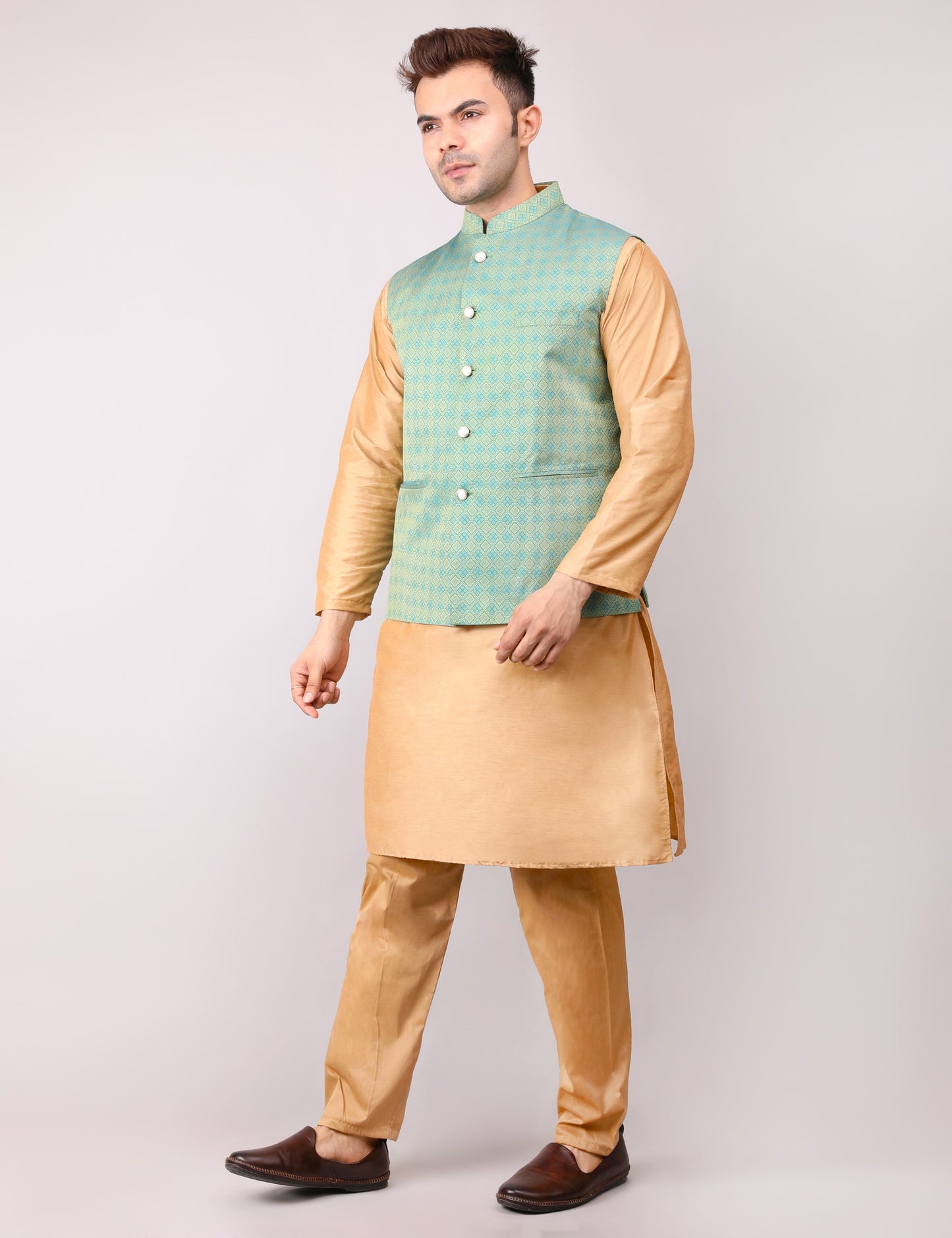 Men's Silk Blend Golden Kurta Pajama with Designer Bundi Nehru Jacket/Waistcoat Green