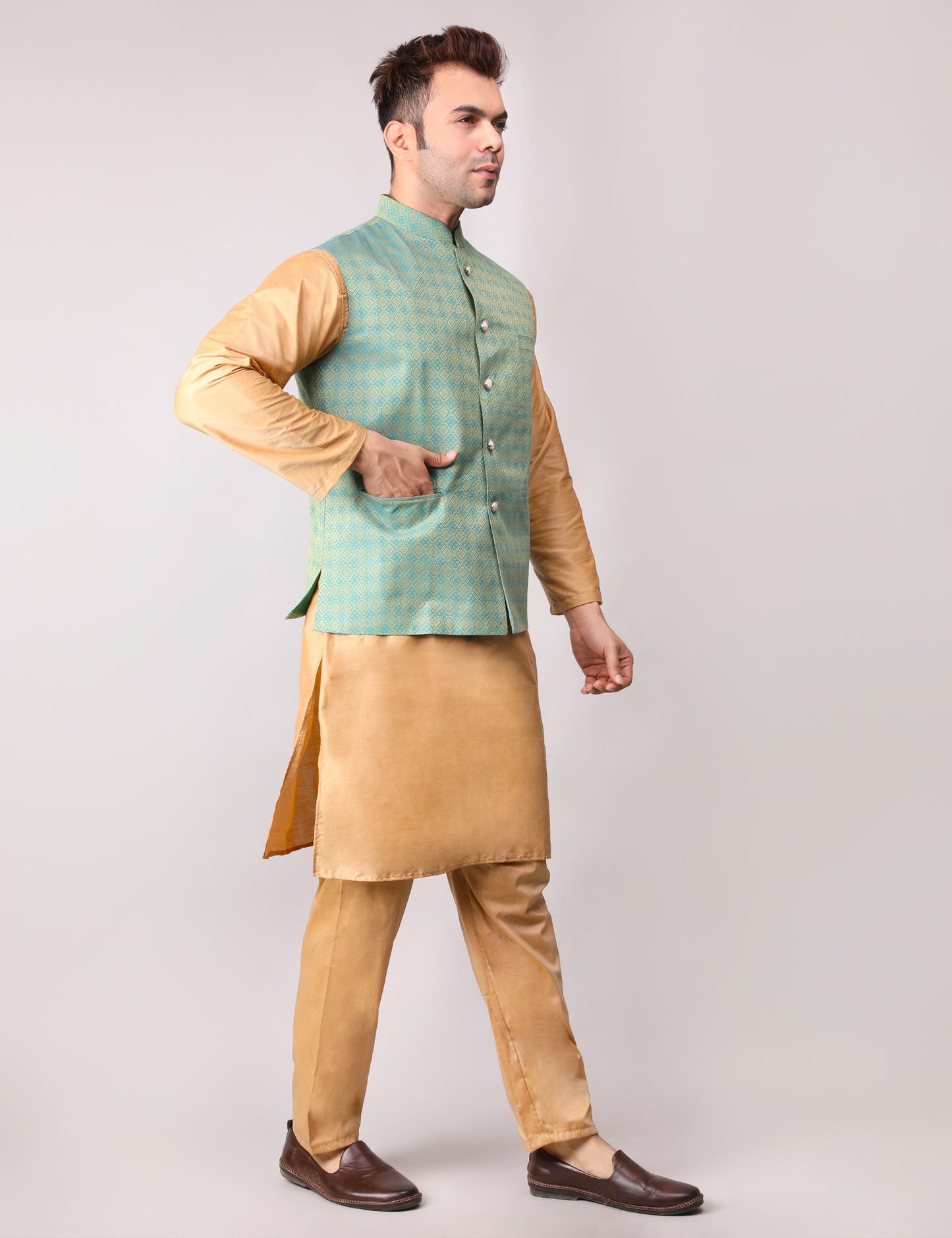 Men's Silk Blend Golden Kurta Pajama with Designer Bundi Nehru Jacket/Waistcoat Green