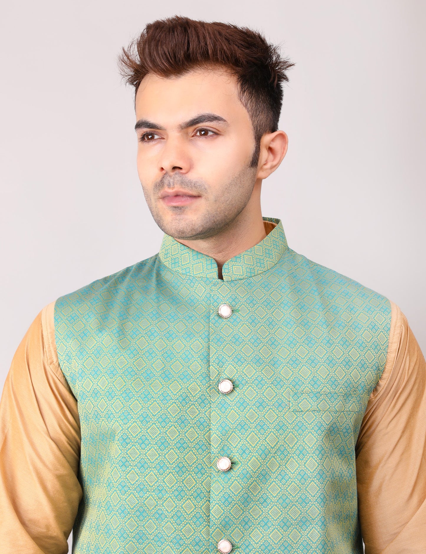 Men's Silk Blend Golden Kurta Pajama with Designer Bundi Nehru Jacket/Waistcoat Green