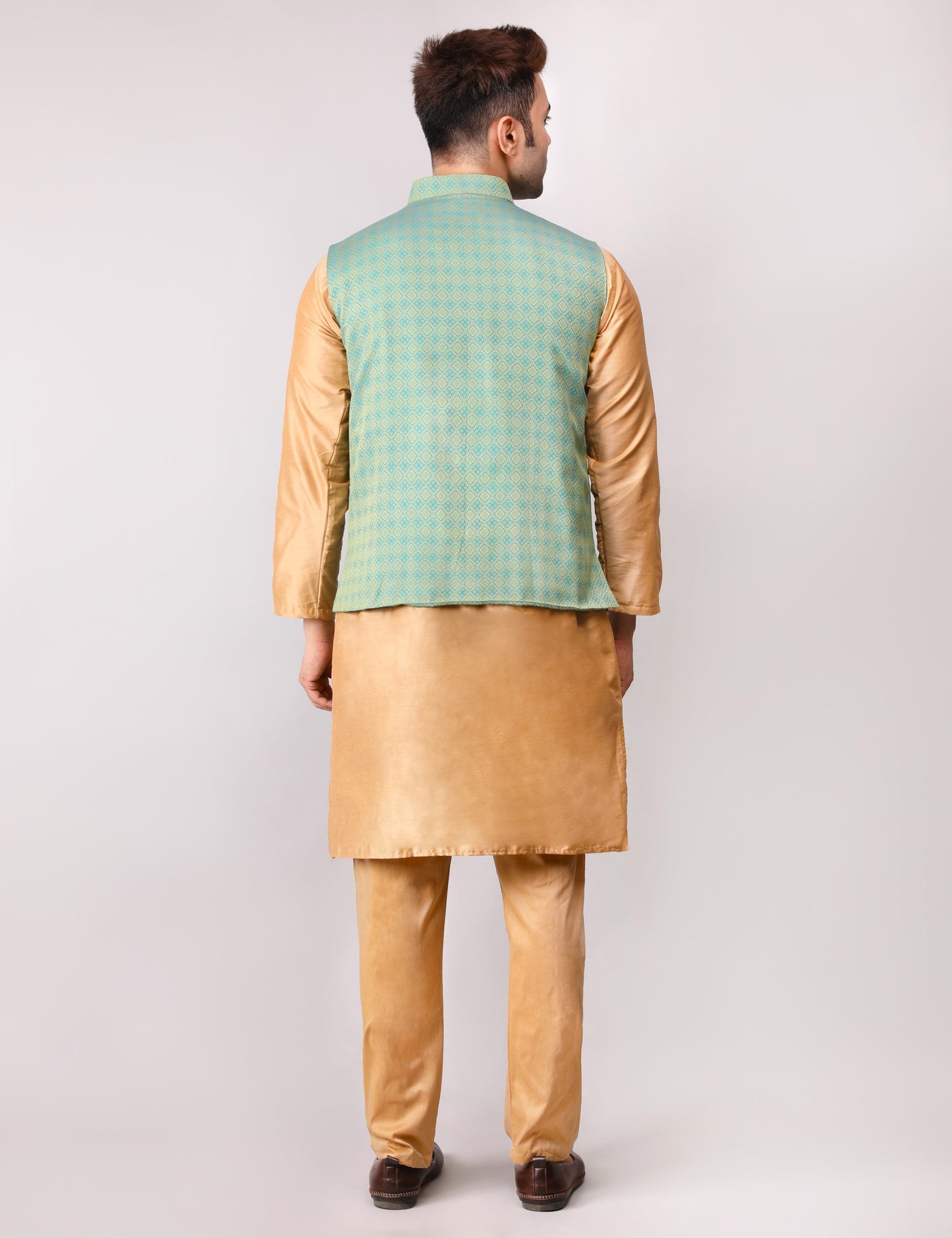 Men's Silk Blend Golden Kurta Pajama with Designer Bundi Nehru Jacket/Waistcoat Green