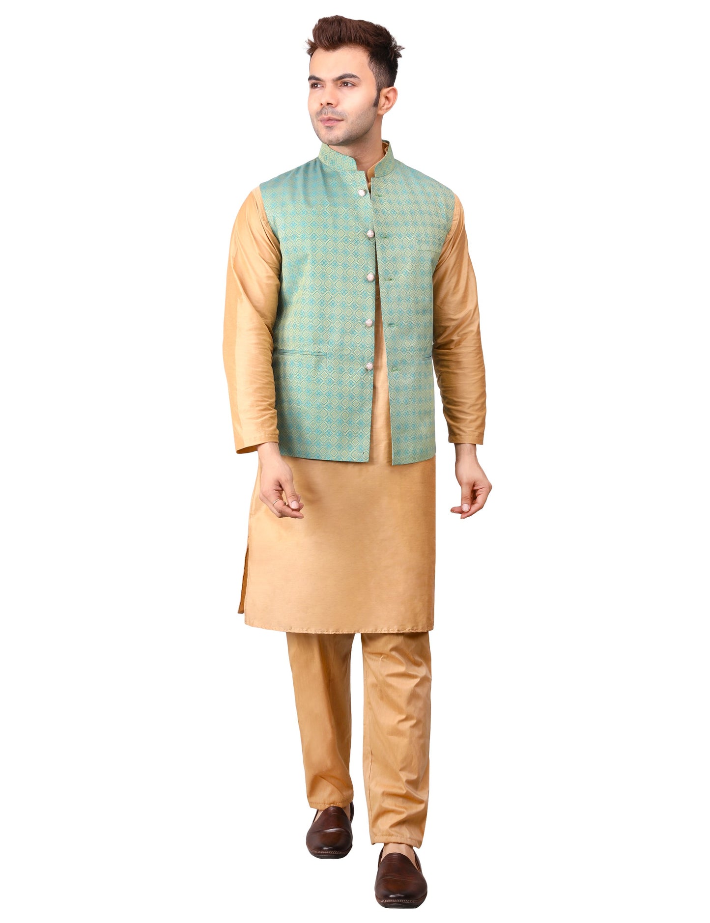 Men's Silk Blend Golden Kurta Pajama with Designer Bundi Nehru Jacket/Waistcoat Green