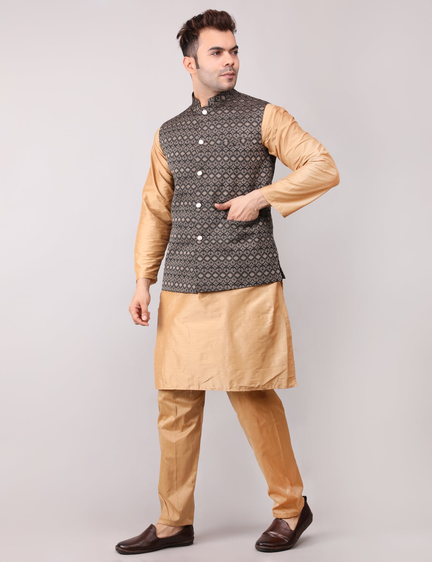 Men's Silk Blend Golden Kurta Pajama with Designer Bundi Nehru Jacket/Waistcoat Black