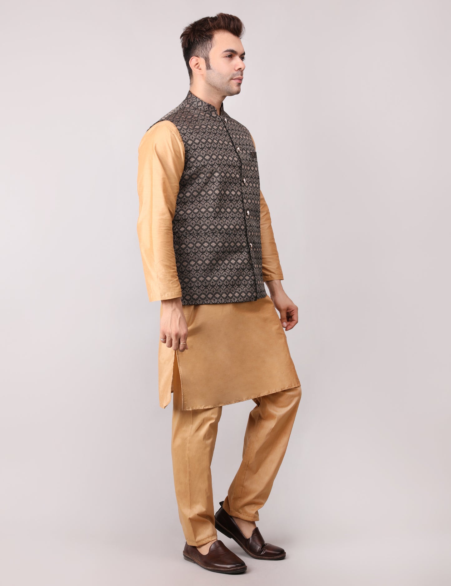 Men's Silk Blend Golden Kurta Pajama with Designer Bundi Nehru Jacket/Waistcoat Black