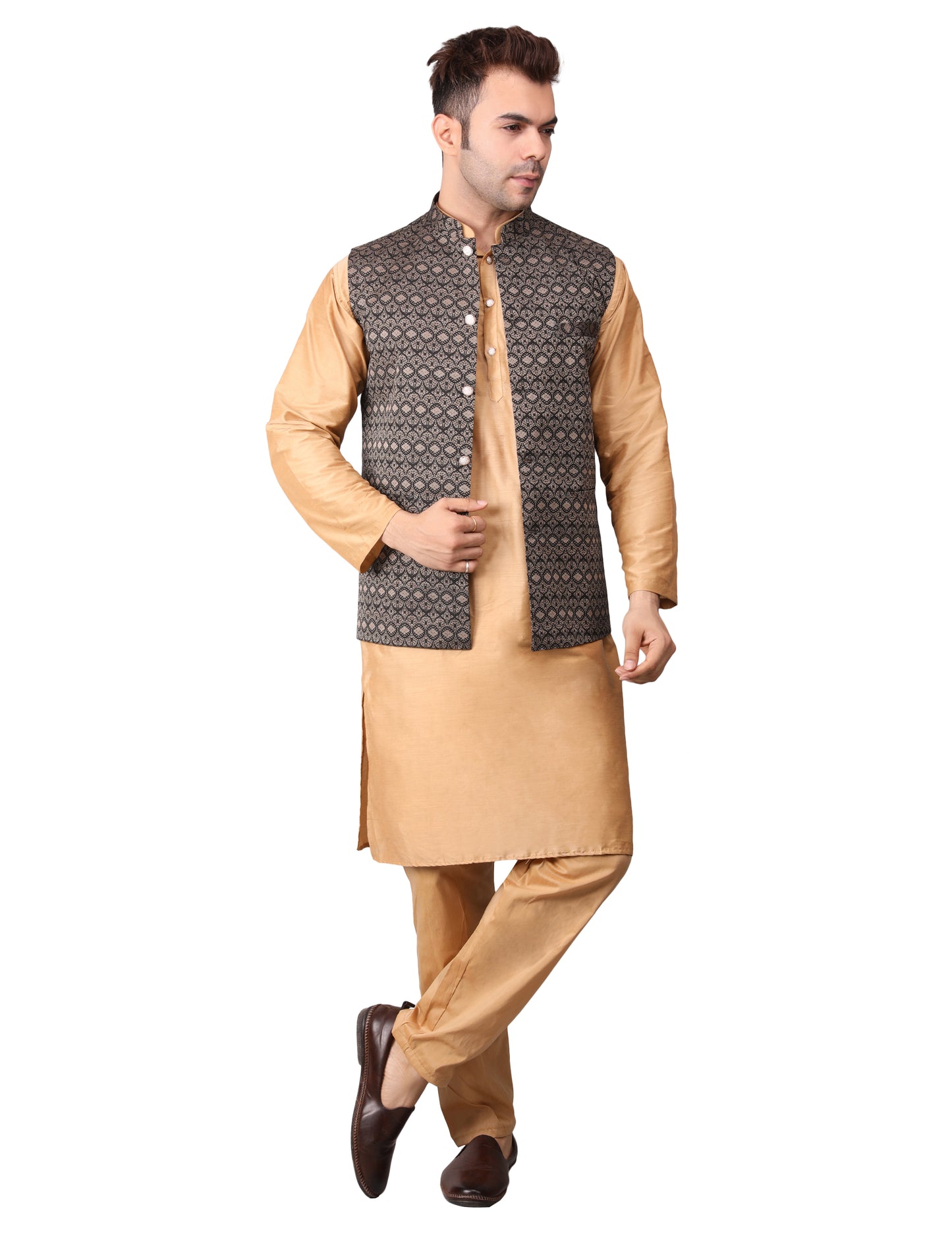 Men's Silk Blend Golden Kurta Pajama with Designer Bundi Nehru Jacket/Waistcoat Black