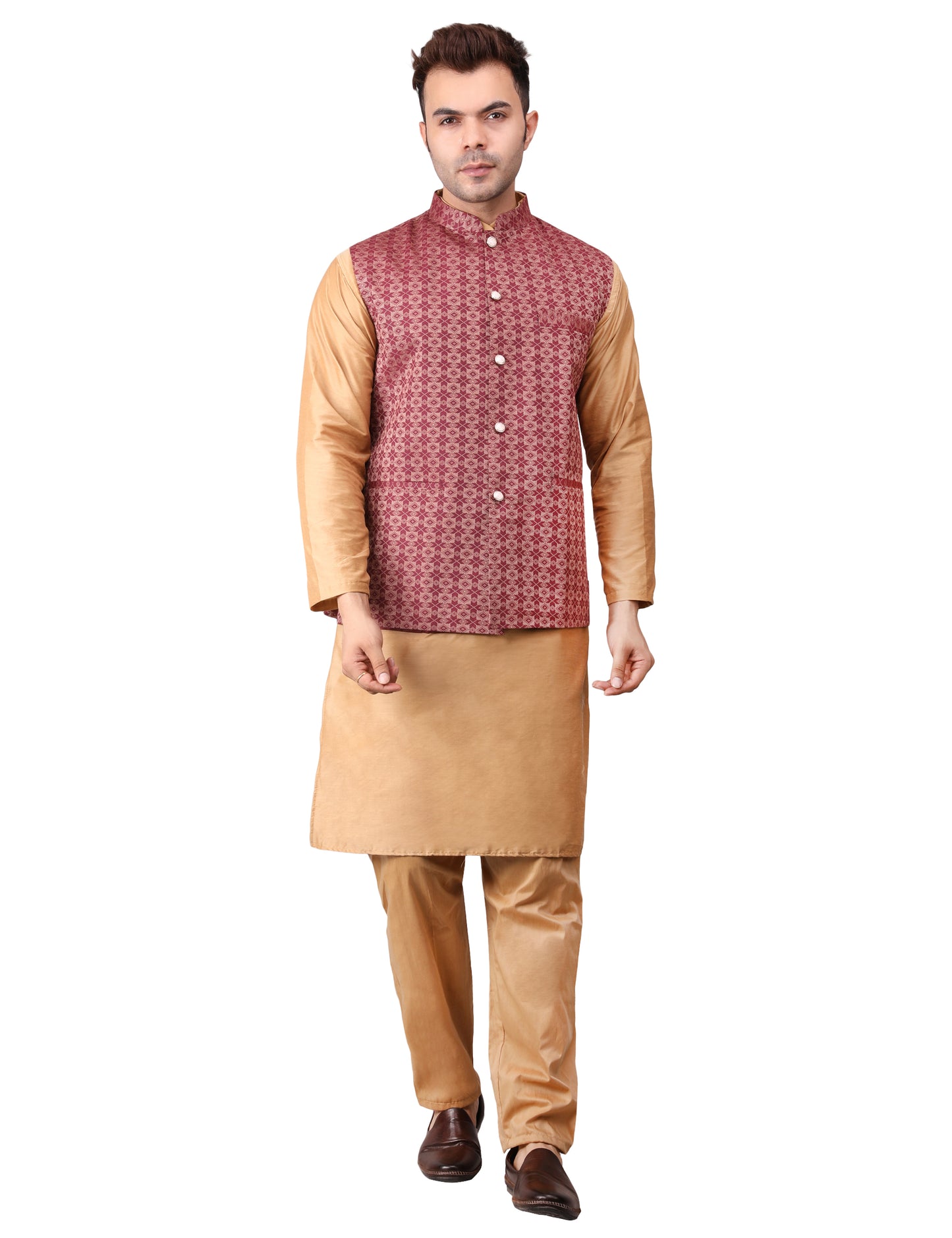 Men's Silk Blend Golden Kurta Pajama with Designer Bundi Nehru Jacket/Waistcoat Maroon