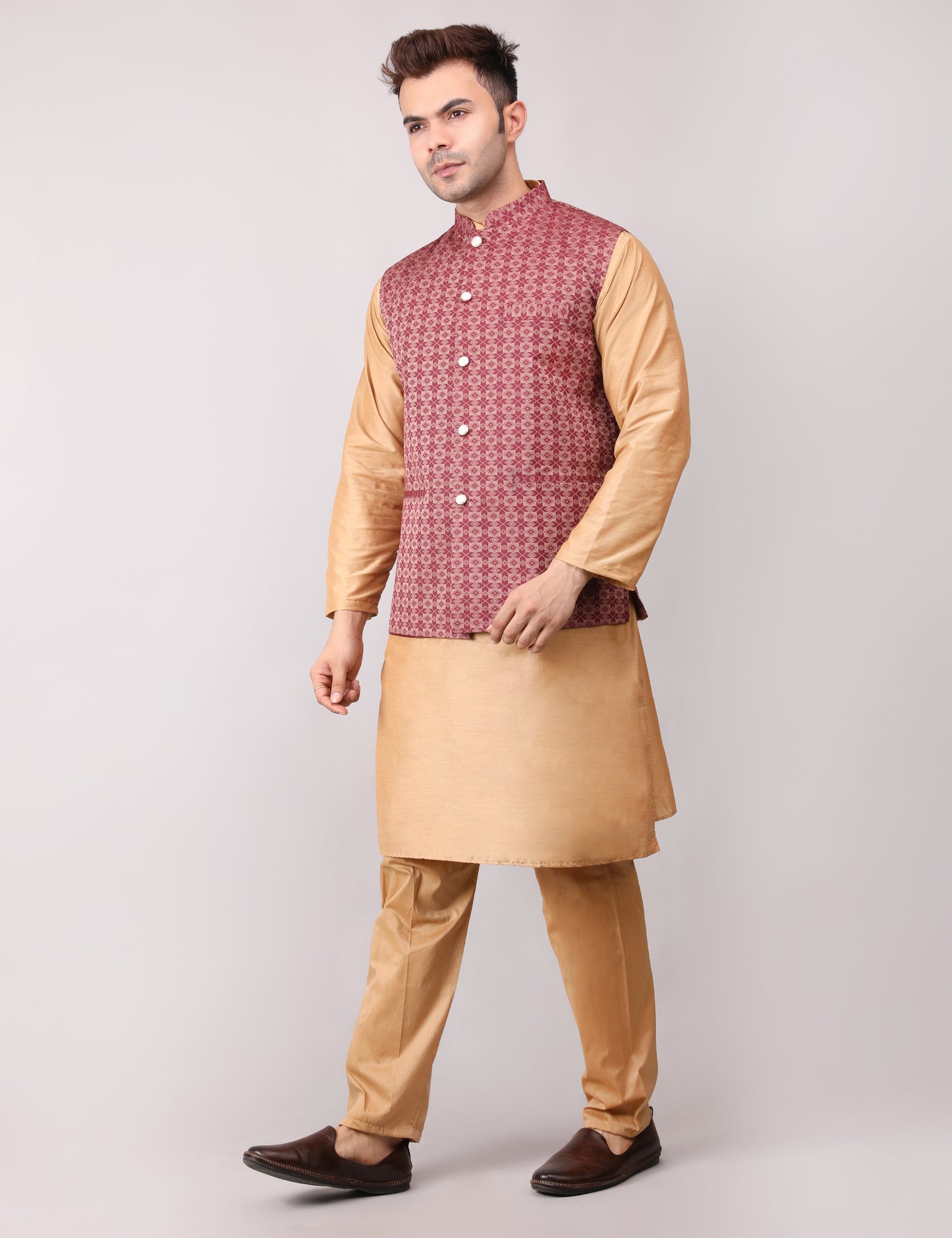 Men's Silk Blend Golden Kurta Pajama with Designer Bundi Nehru Jacket/Waistcoat Maroon