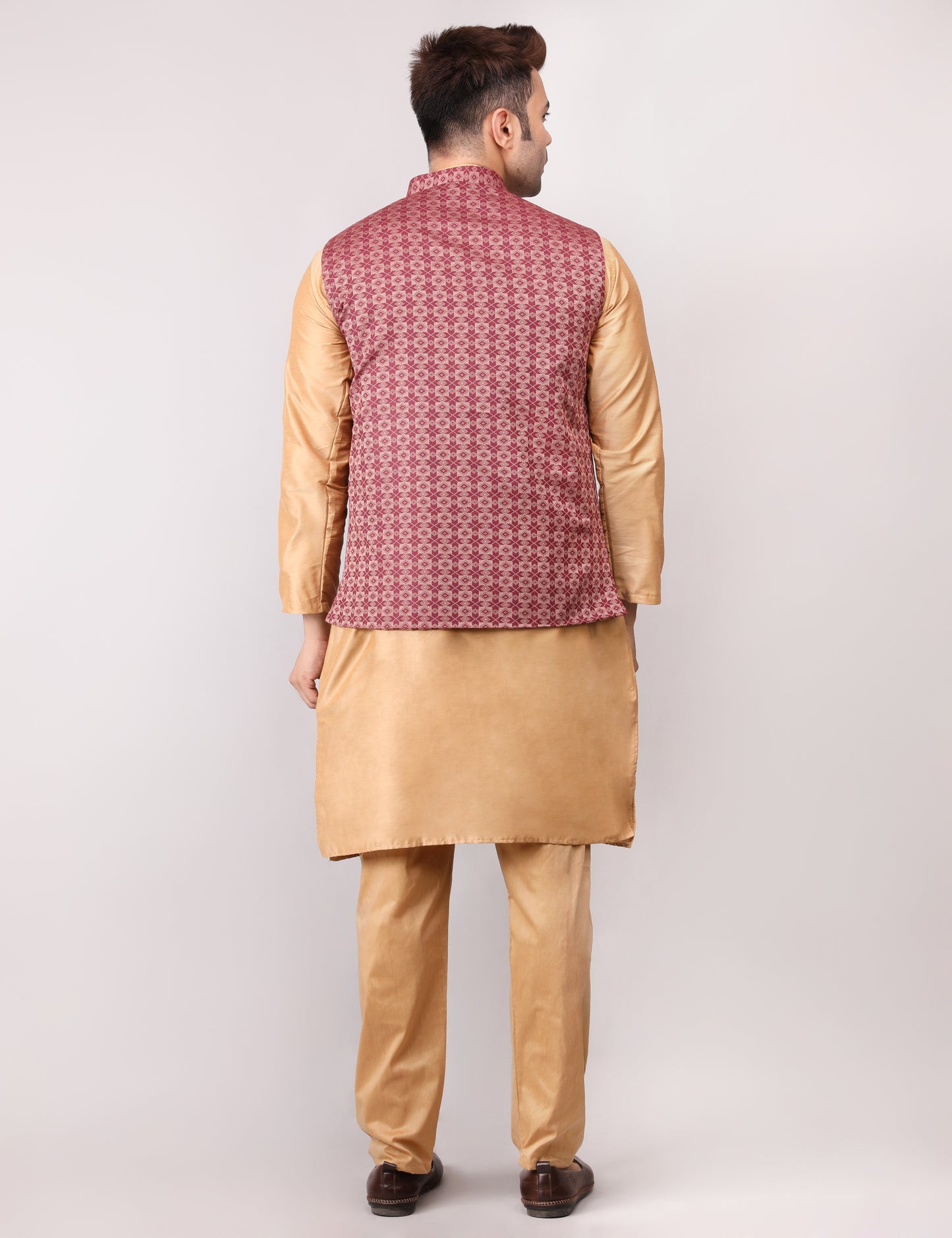 Men's Silk Blend Golden Kurta Pajama with Designer Bundi Nehru Jacket/Waistcoat Maroon