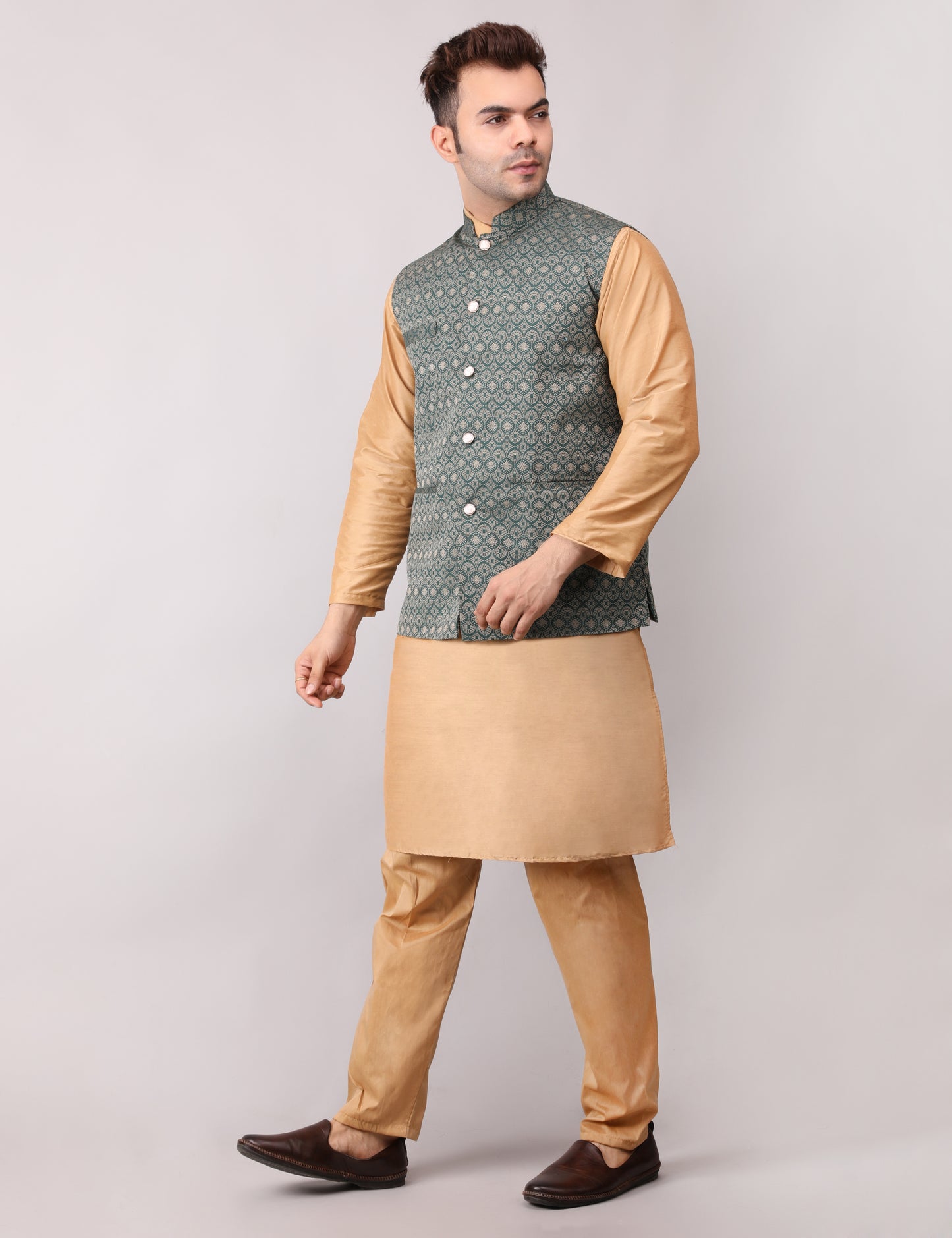 Men's Silk Blend Golden Kurta Pajama with Designer Bundi Nehru Jacket/Waistcoat Dark Green