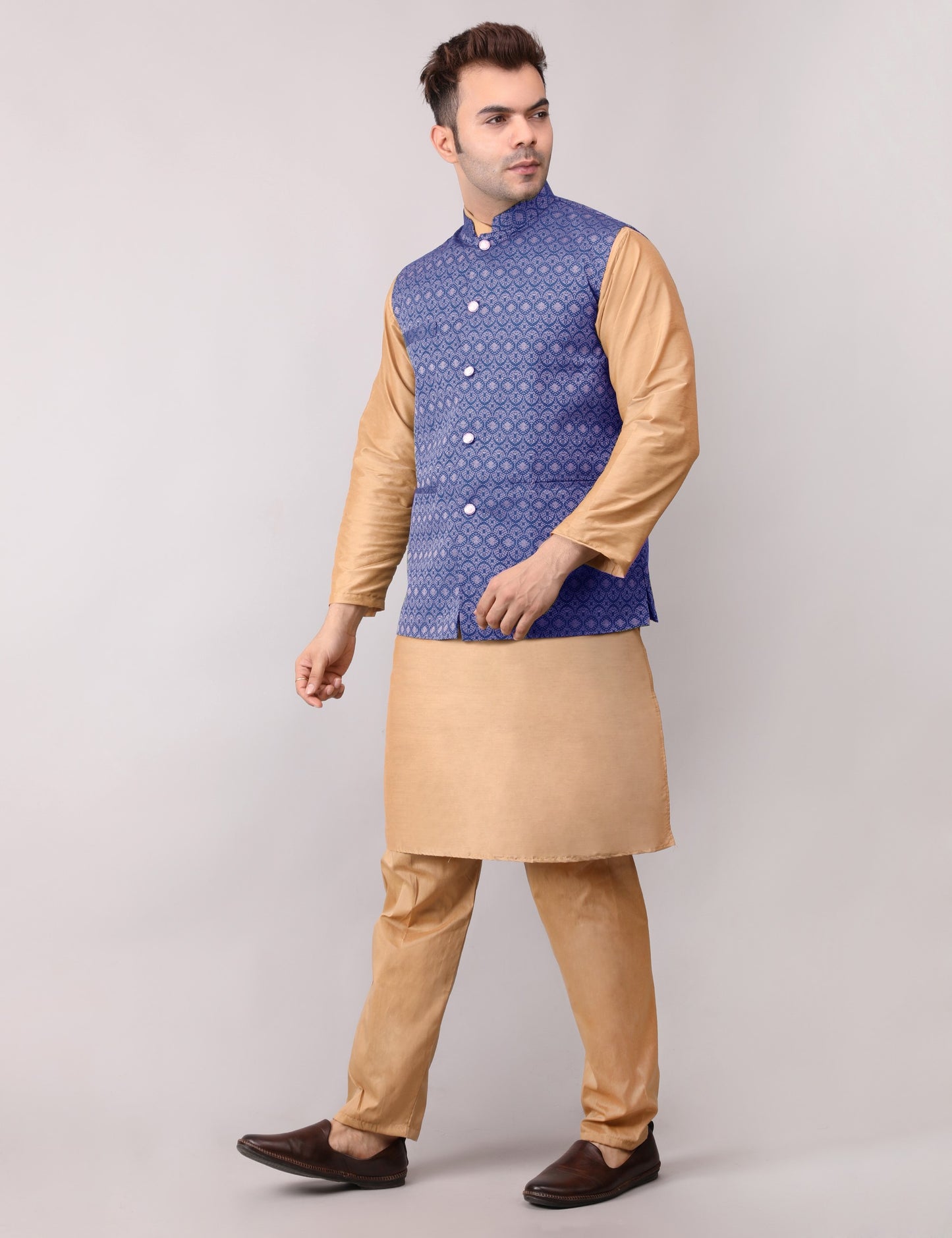 Men's Silk Blend Golden Kurta Pajama with Designer Bundi Nehru Jacket/Waistcoat Dark Blue