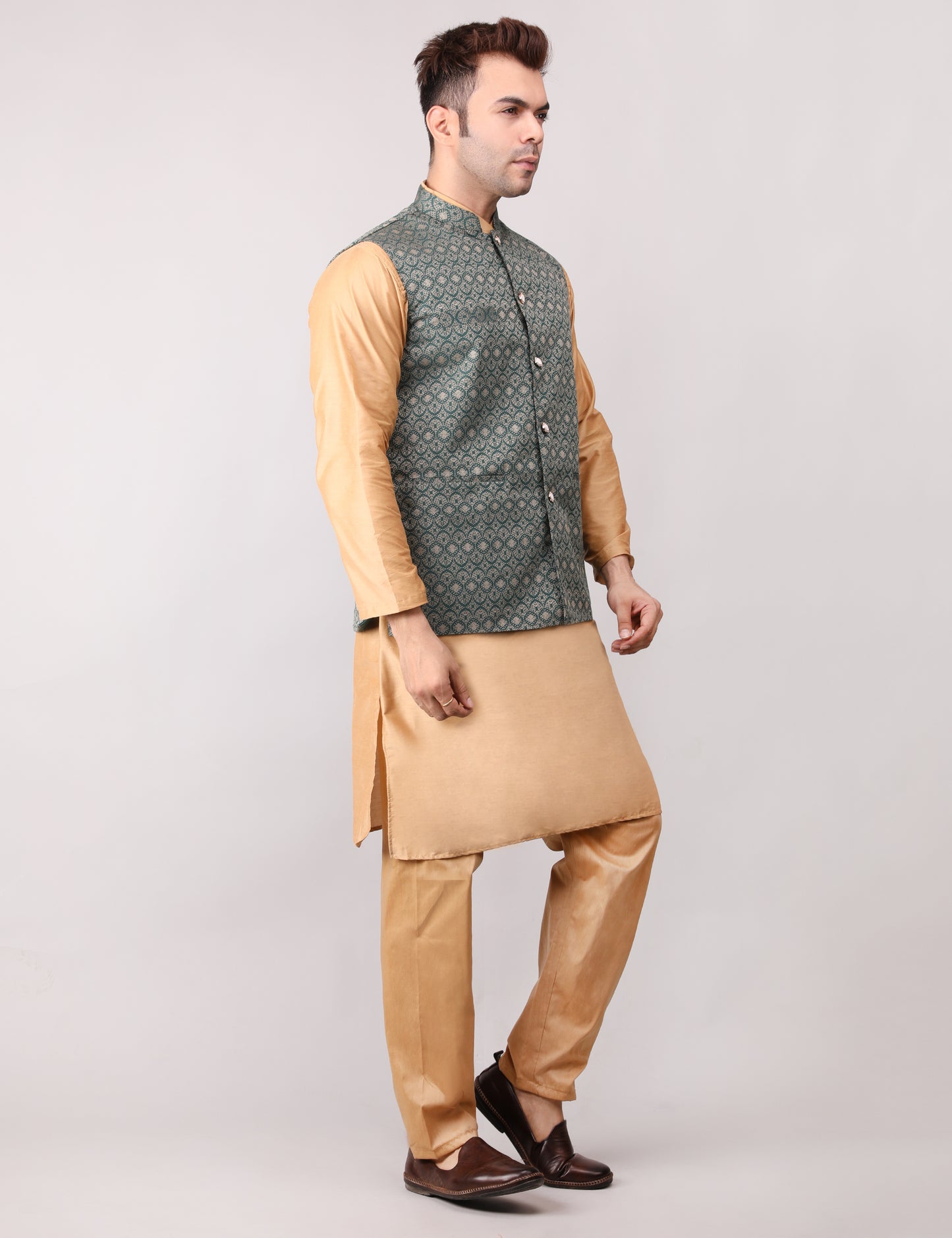 Men's Silk Blend Golden Kurta Pajama with Designer Bundi Nehru Jacket/Waistcoat Dark Green