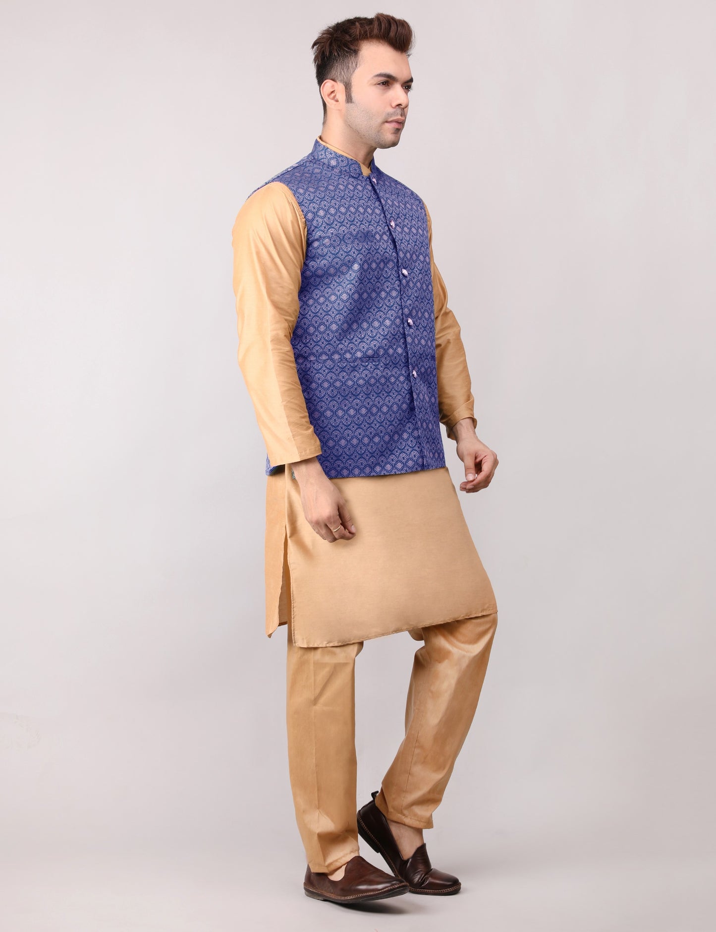Men's Silk Blend Golden Kurta Pajama with Designer Bundi Nehru Jacket/Waistcoat Dark Blue