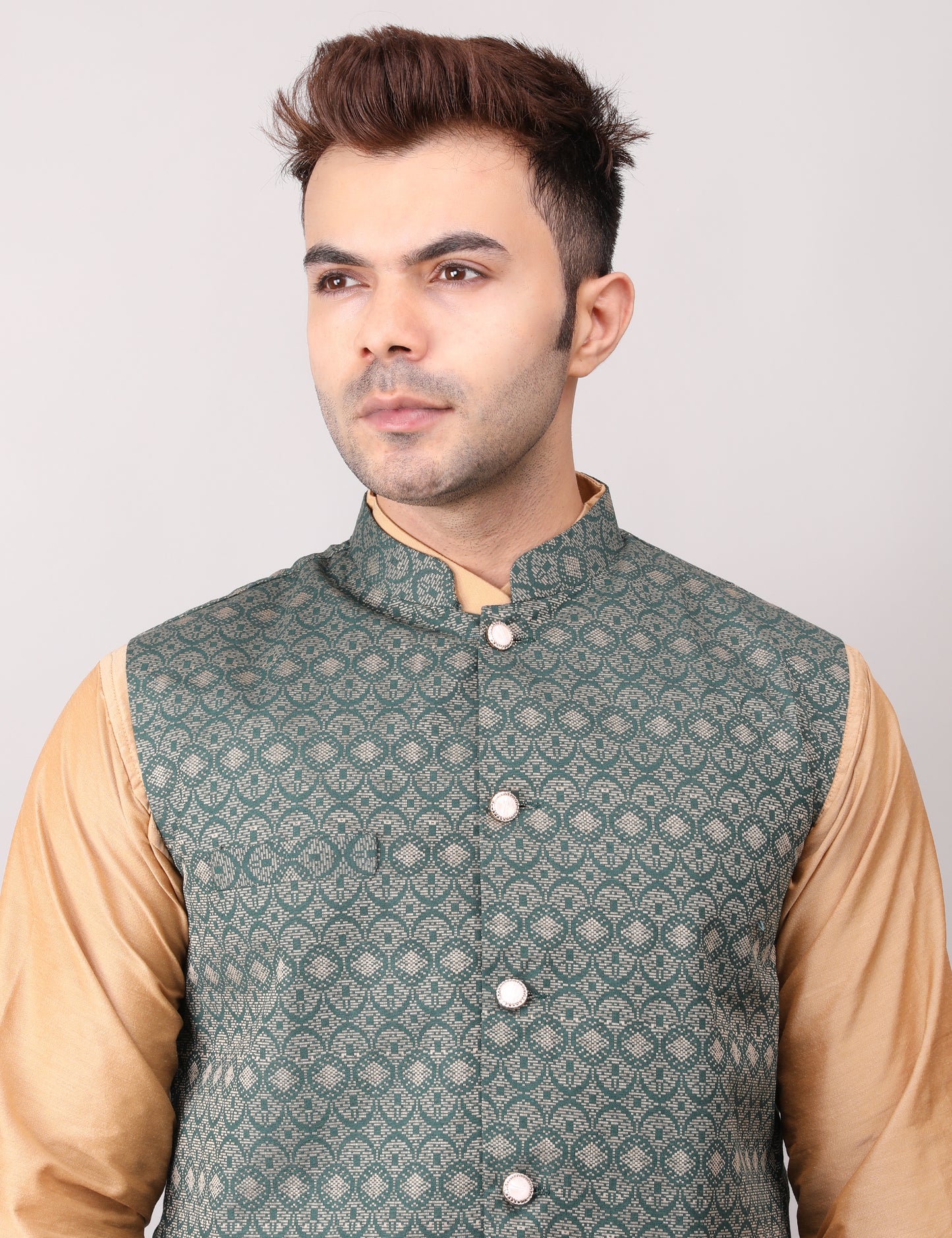 Men's Silk Blend Golden Kurta Pajama with Designer Bundi Nehru Jacket/Waistcoat Dark Green