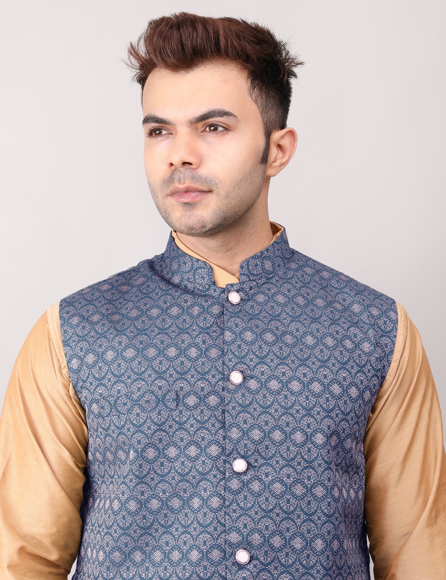 Men's Silk Blend Golden Kurta Pajama with Designer Bundi Nehru Jacket/Waistcoat Dark Blue