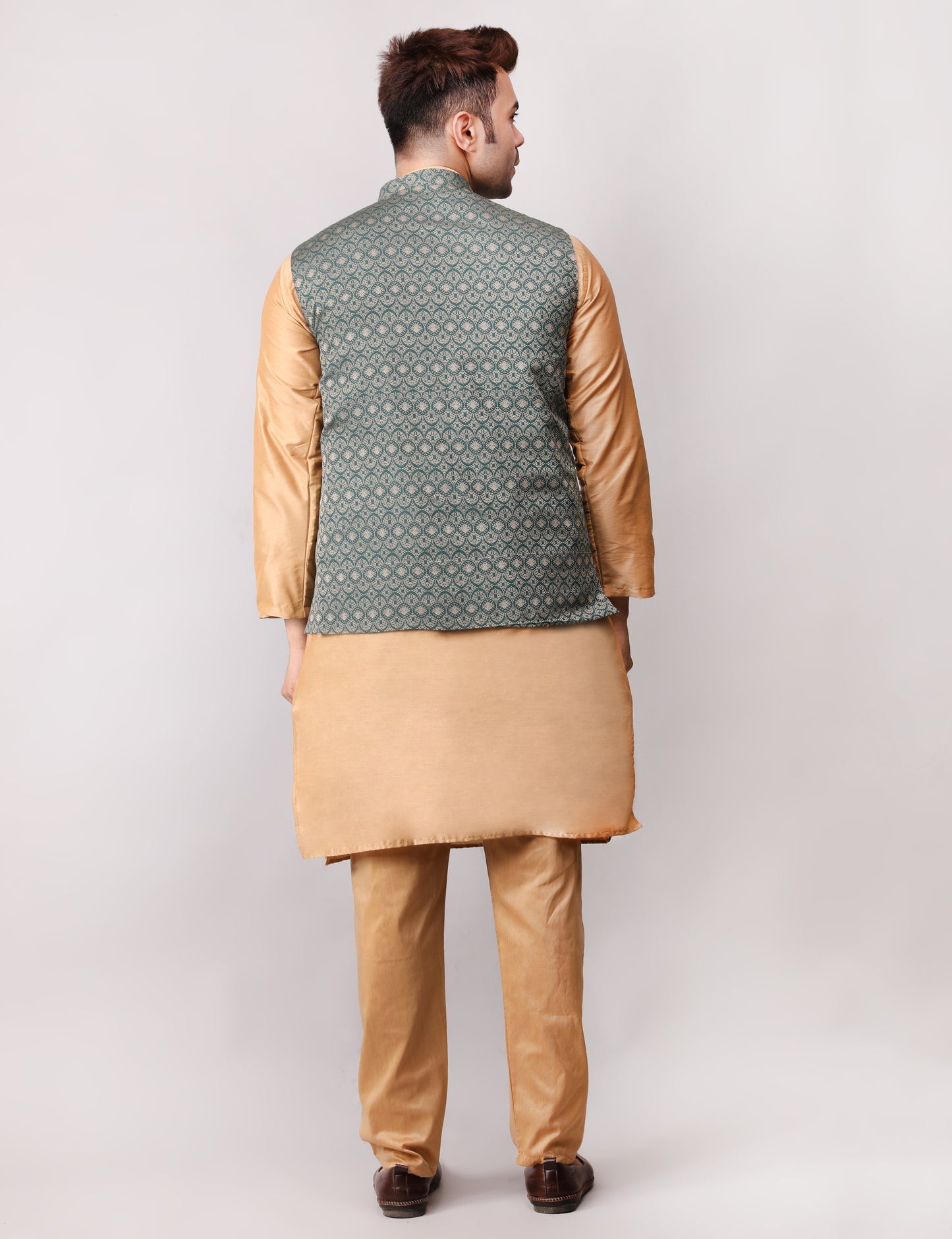 Men's Silk Blend Golden Kurta Pajama with Designer Bundi Nehru Jacket/Waistcoat Dark Green