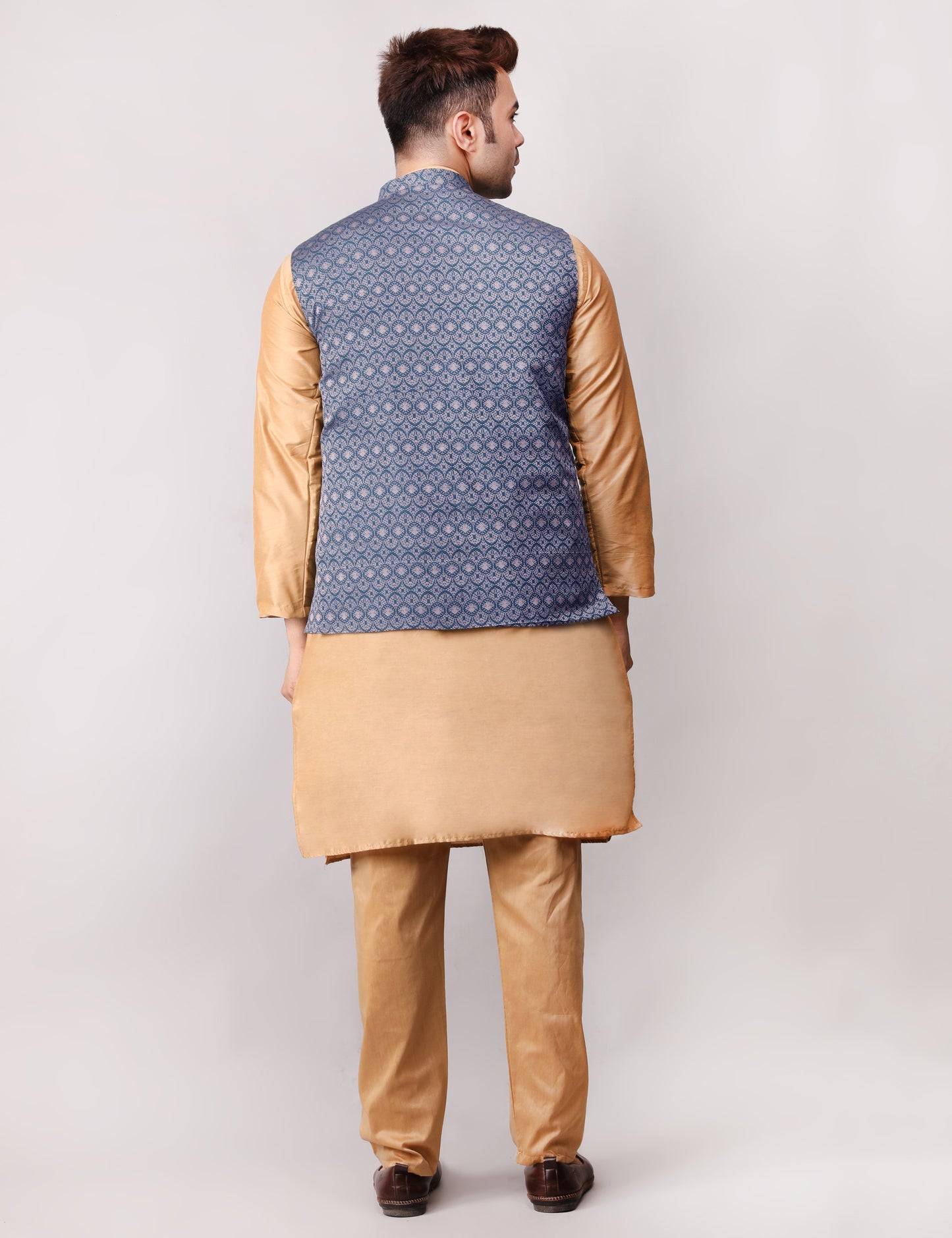 Men's Silk Blend Golden Kurta Pajama with Designer Bundi Nehru Jacket/Waistcoat Dark Blue