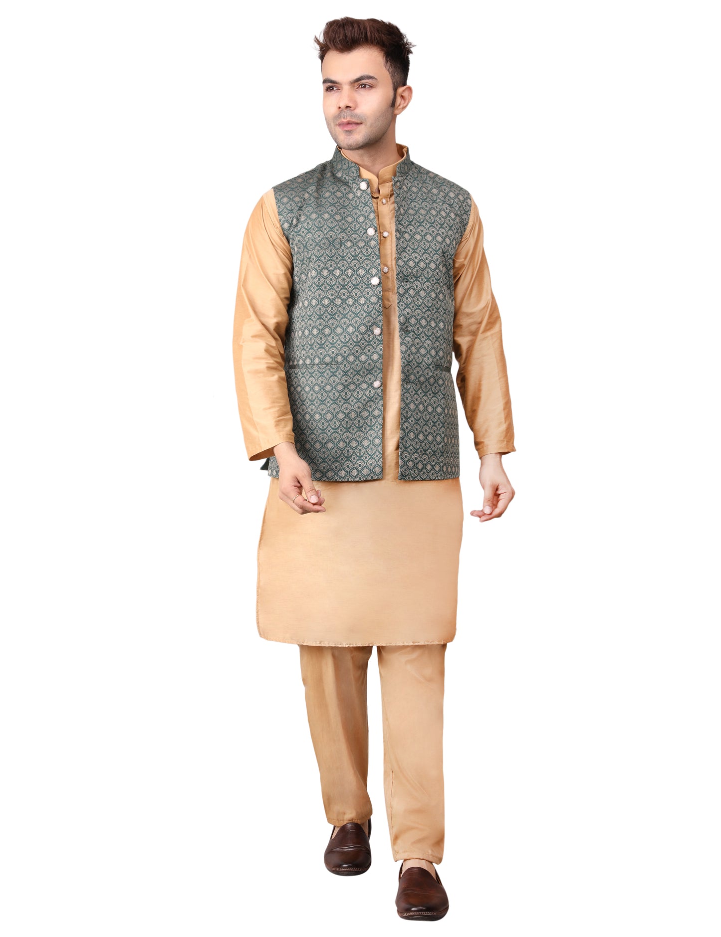 Men's Silk Blend Golden Kurta Pajama with Designer Bundi Nehru Jacket/Waistcoat Dark Green