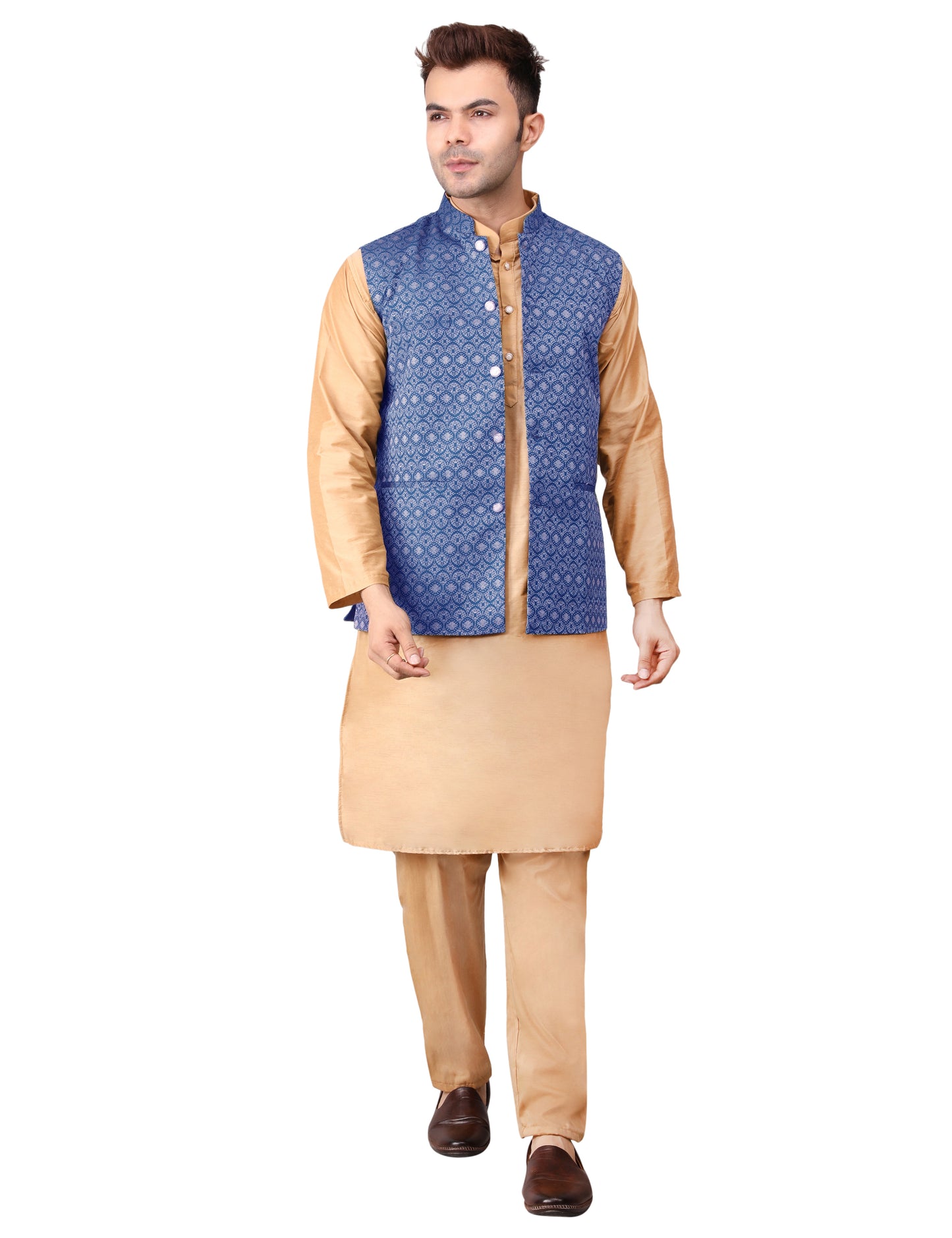 Men's Silk Blend Golden Kurta Pajama with Designer Bundi Nehru Jacket/Waistcoat Dark Blue