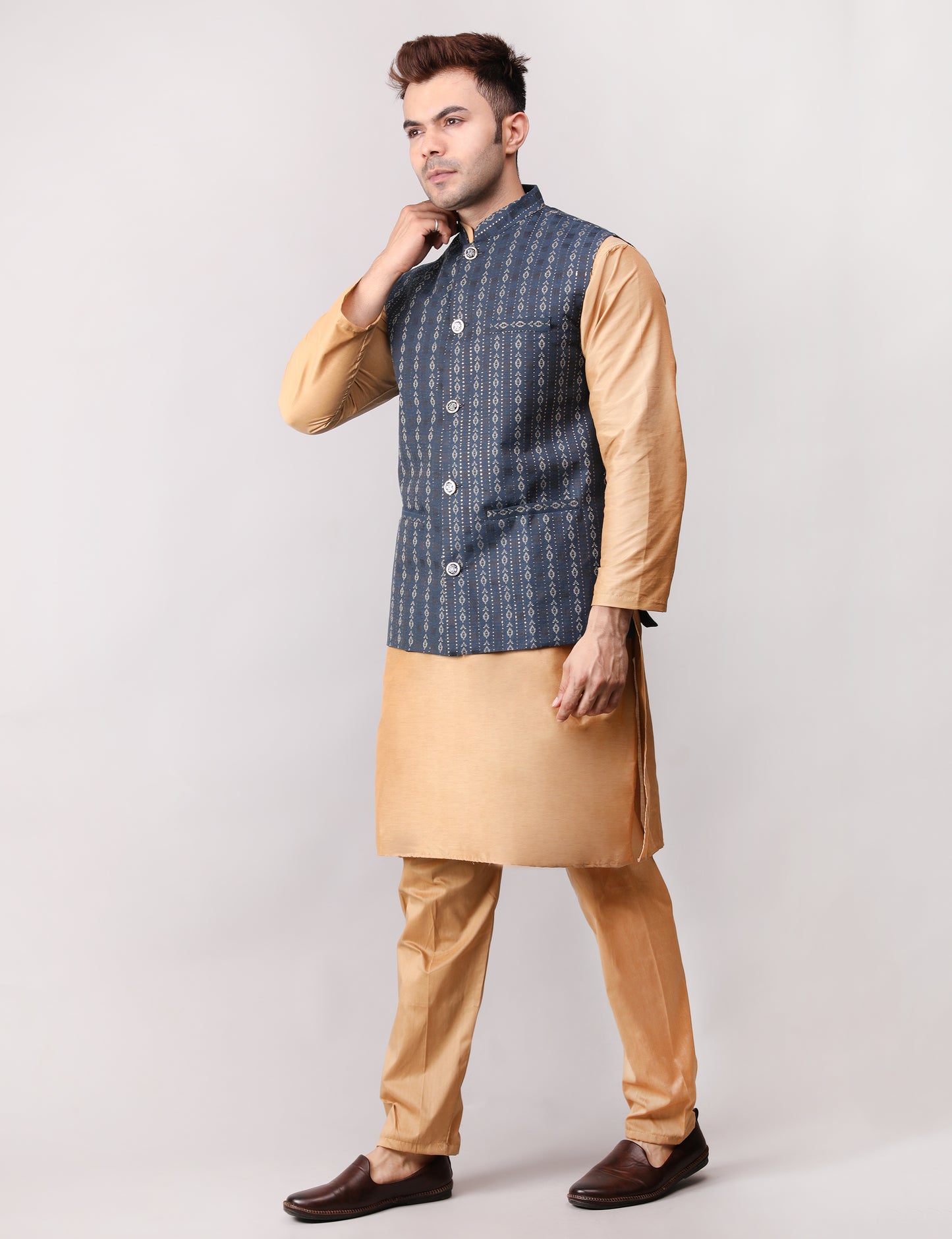 Men's Silk Blend Golden Kurta Pajama with Designer Bundi Nehru Jacket/Waistcoat Dark Blue