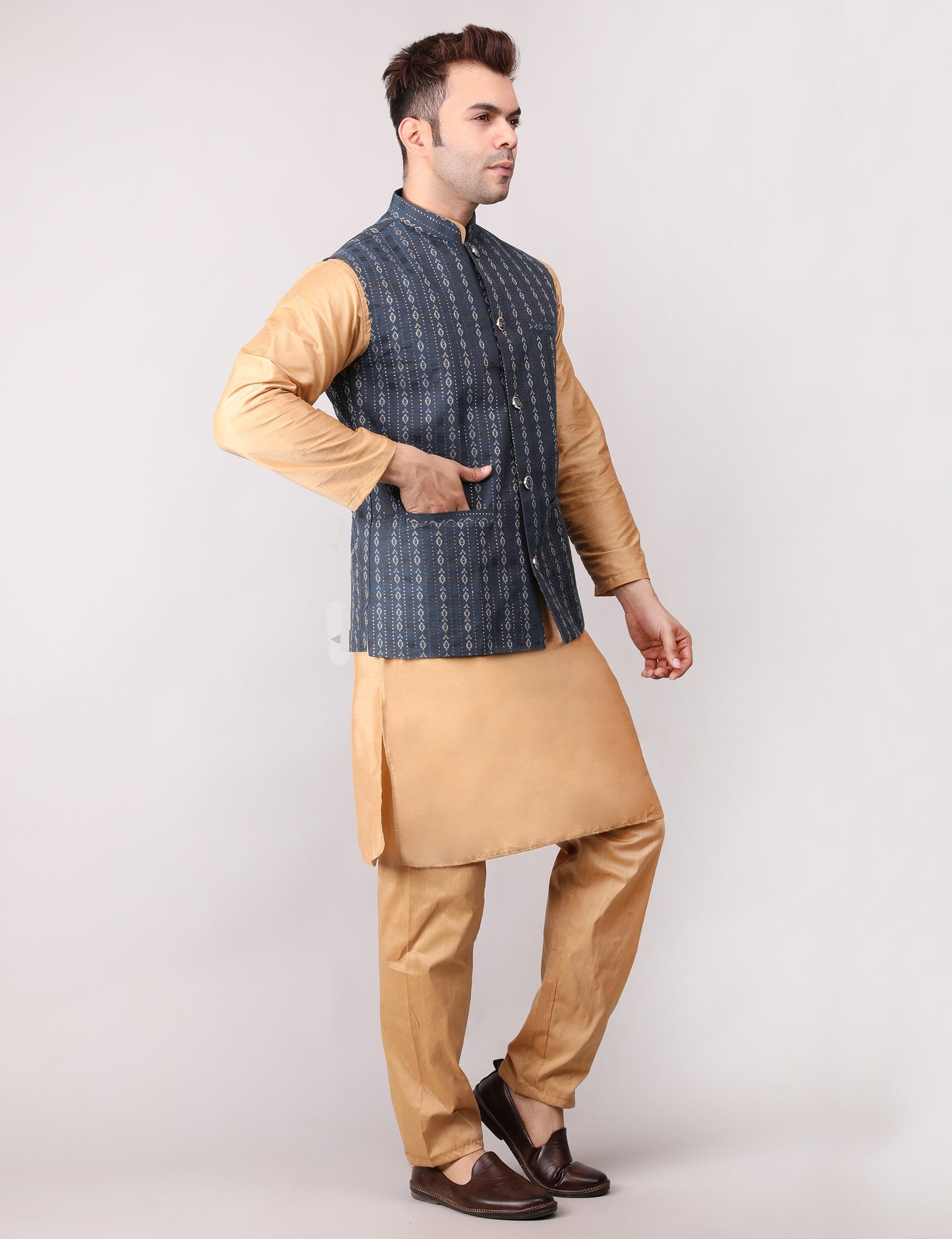 Men's Silk Blend Golden Kurta Pajama with Designer Bundi Nehru Jacket/Waistcoat Dark Blue