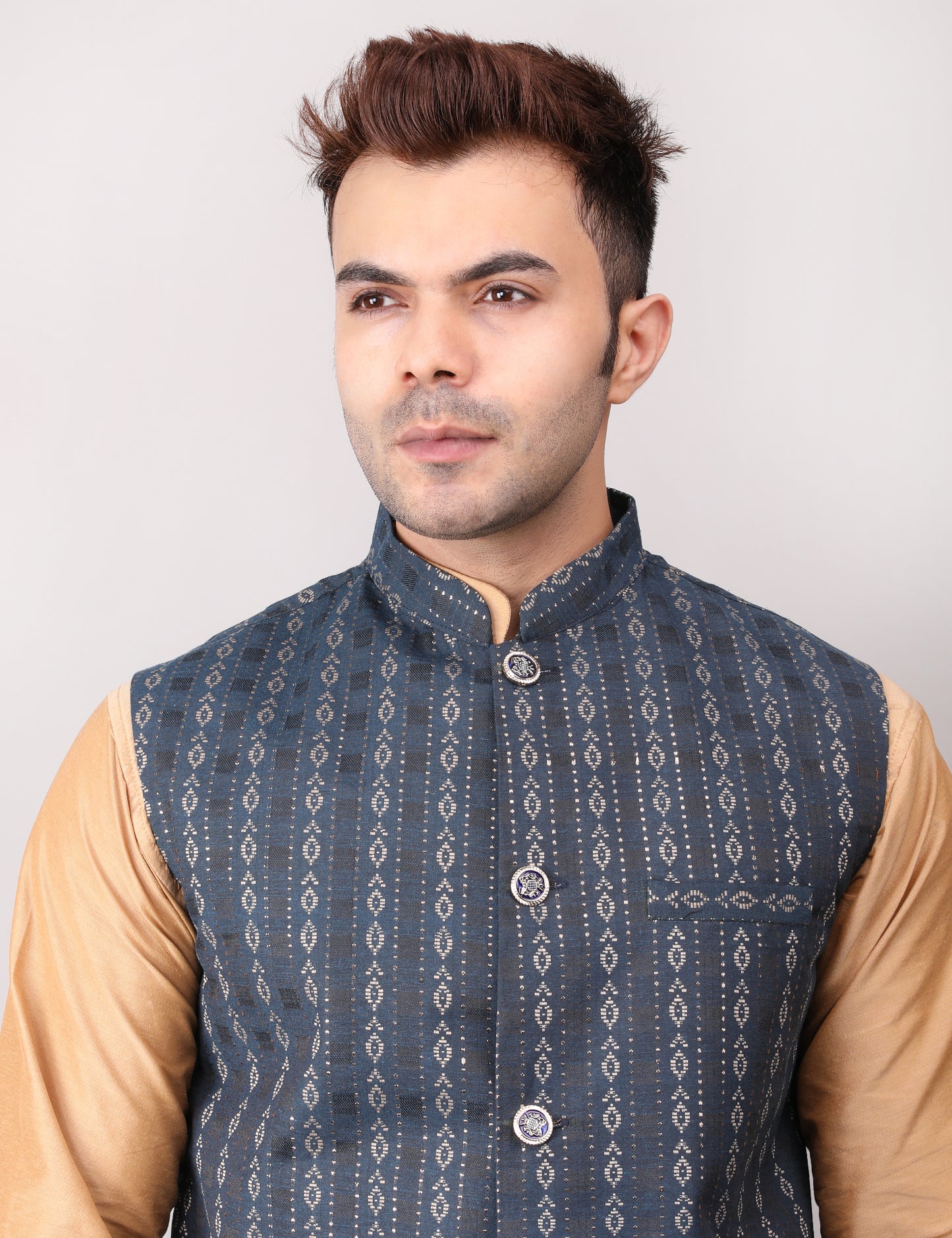 Men's Silk Blend Golden Kurta Pajama with Designer Bundi Nehru Jacket/Waistcoat Dark Blue