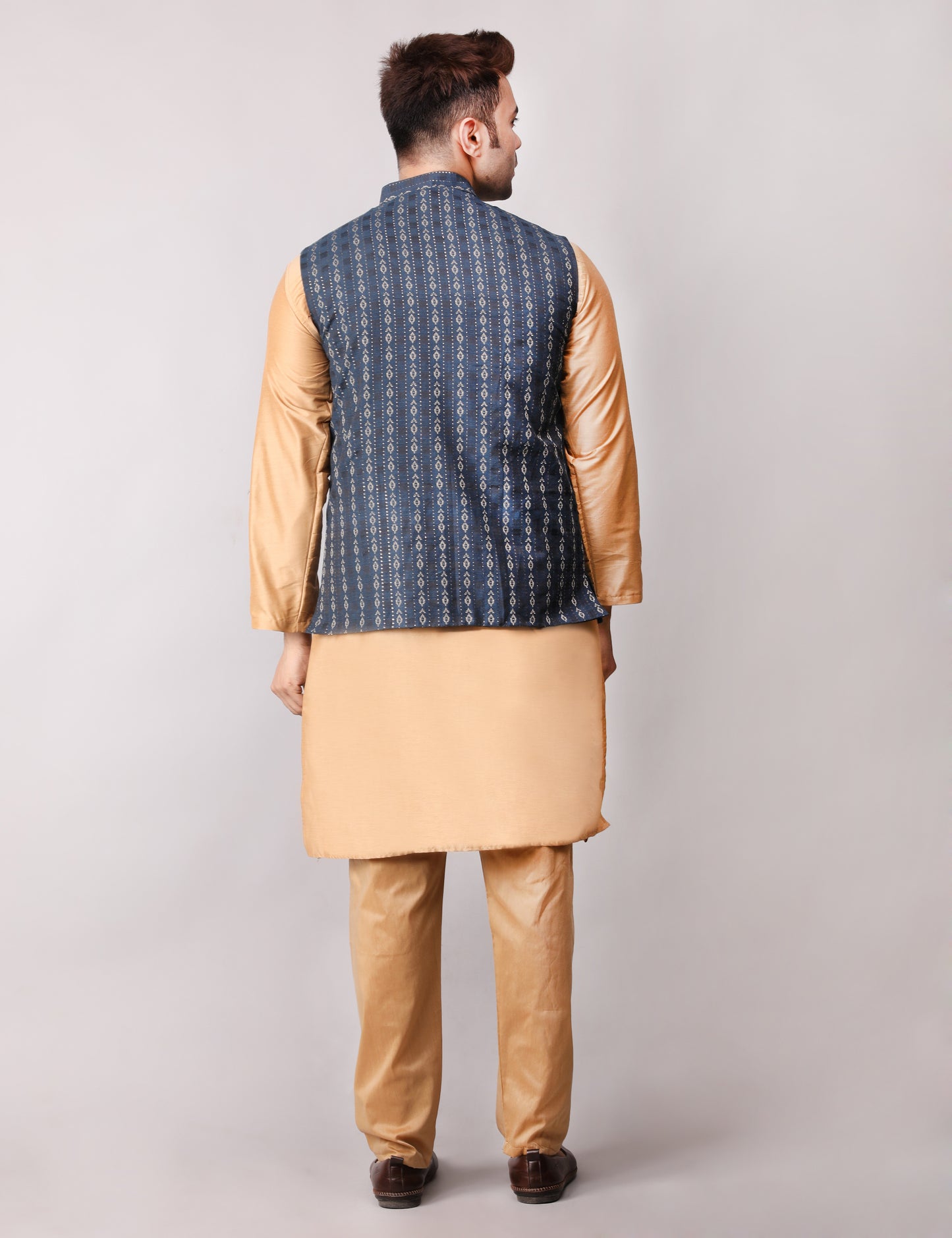 Men's Silk Blend Golden Kurta Pajama with Designer Bundi Nehru Jacket/Waistcoat Dark Blue