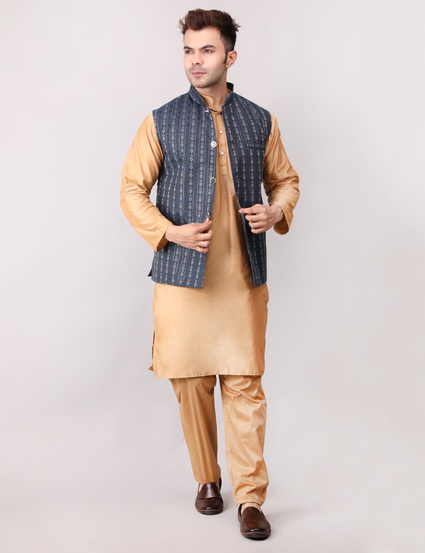 Men's Silk Blend Golden Kurta Pajama with Designer Bundi Nehru Jacket/Waistcoat Dark Blue