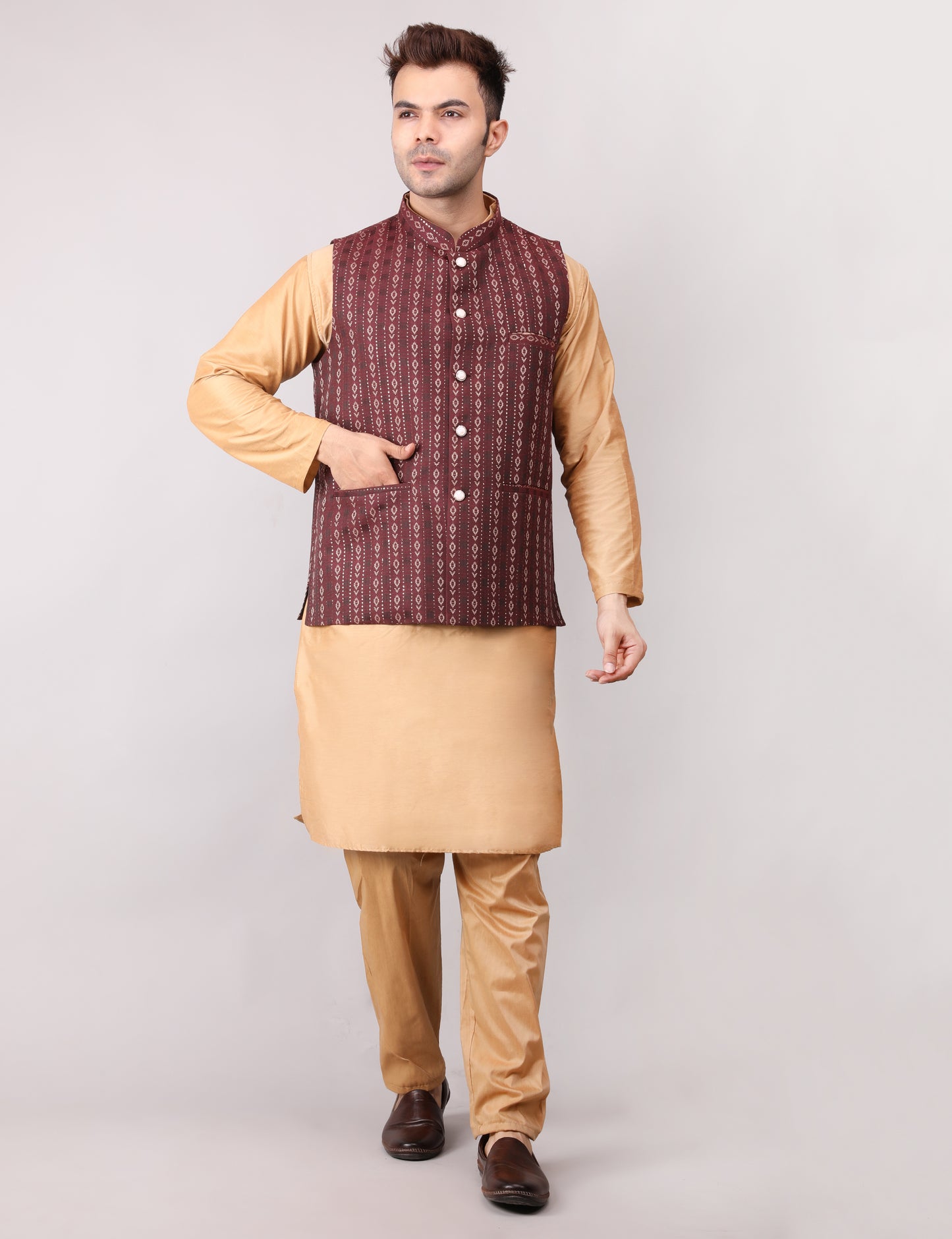 Men's Silk Blend Golden Kurta Pajama with Designer Bundi Nehru Jacket/Waistcoat Maroon