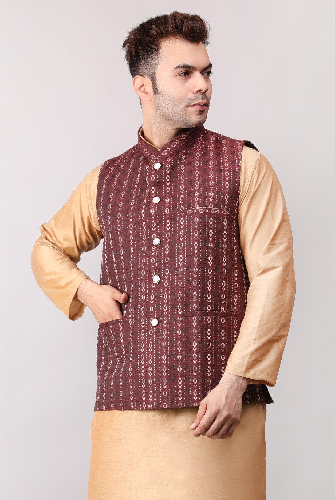 Men's Jawahar cut || Modi Jacket || Nehru Jacket Waist Coat || Vest Ethnic Wear Maroon Gold