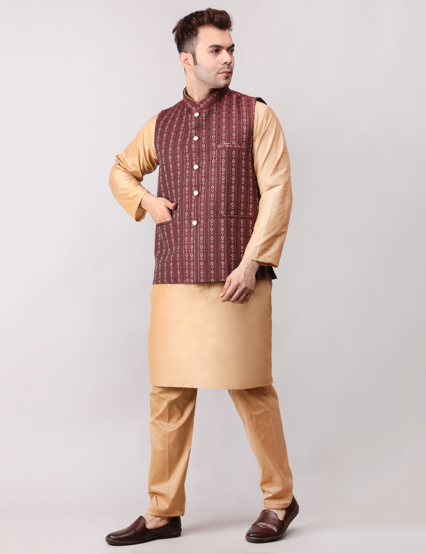 Men's Silk Blend Golden Kurta Pajama with Designer Bundi Nehru Jacket/Waistcoat Maroon