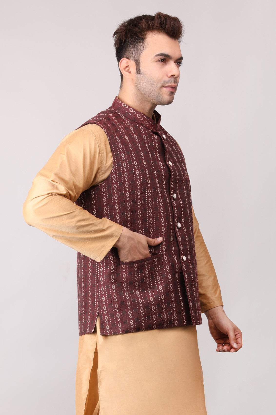 Men's Jawahar cut || Modi Jacket || Nehru Jacket Waist Coat || Vest Ethnic Wear Maroon Gold
