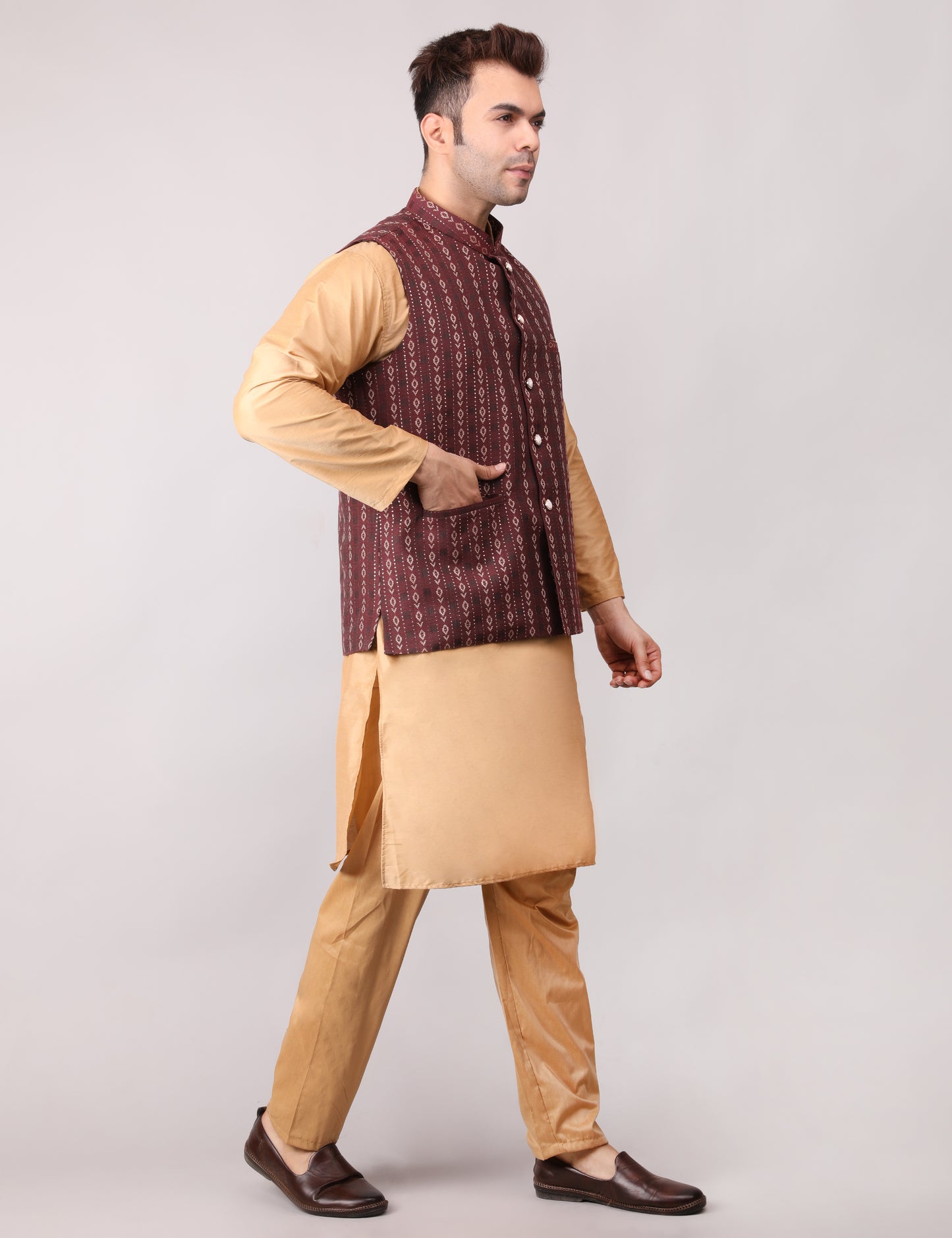 Men's Silk Blend Golden Kurta Pajama with Designer Bundi Nehru Jacket/Waistcoat Maroon