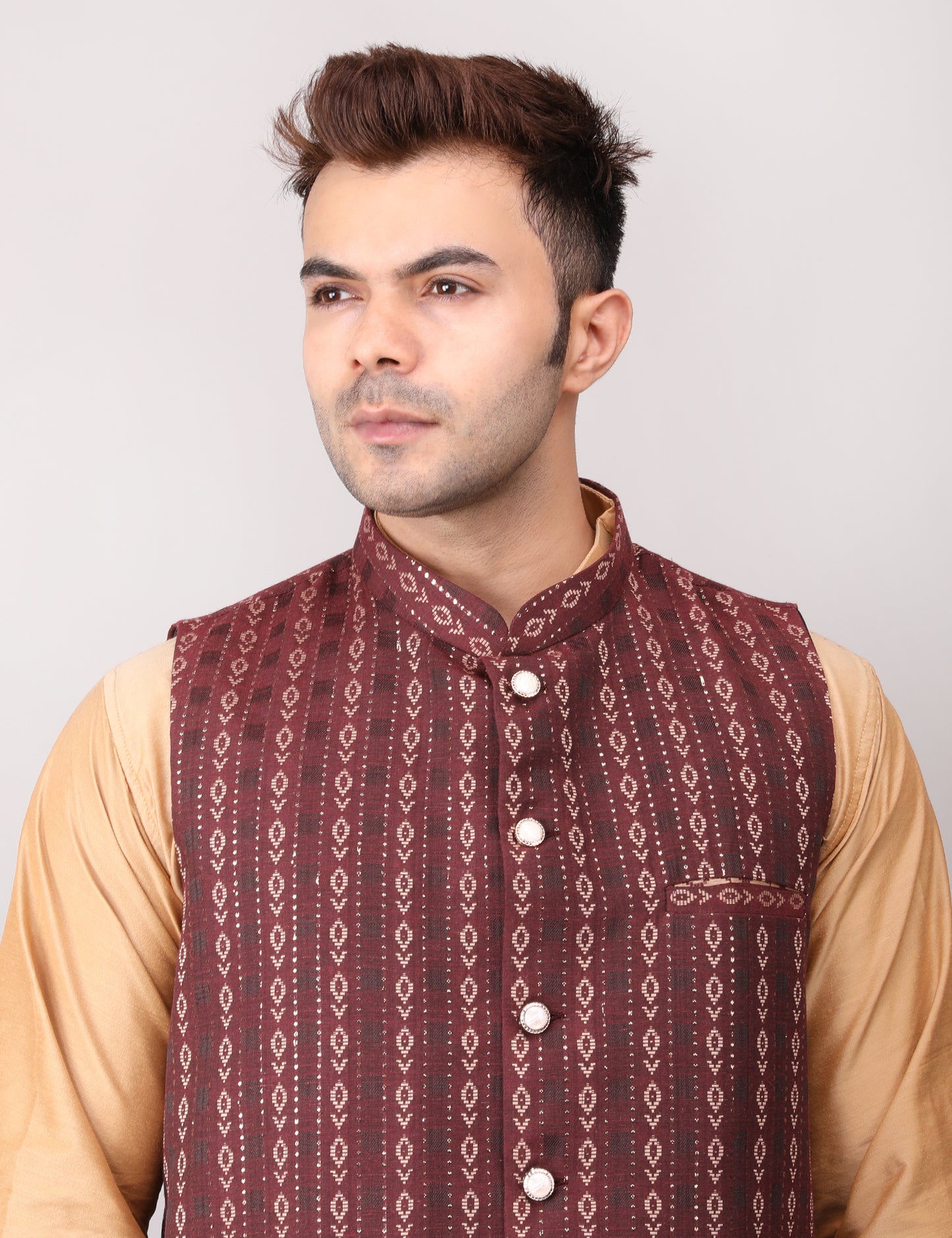 Men's Silk Blend Golden Kurta Pajama with Designer Bundi Nehru Jacket/Waistcoat Maroon