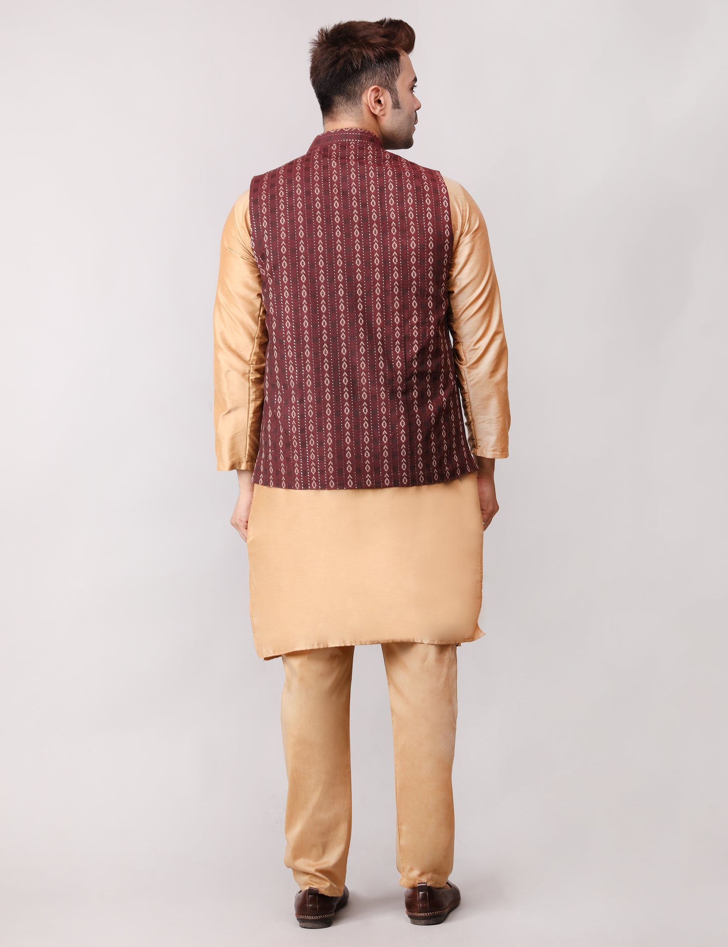 Men's Silk Blend Golden Kurta Pajama with Designer Bundi Nehru Jacket/Waistcoat Maroon